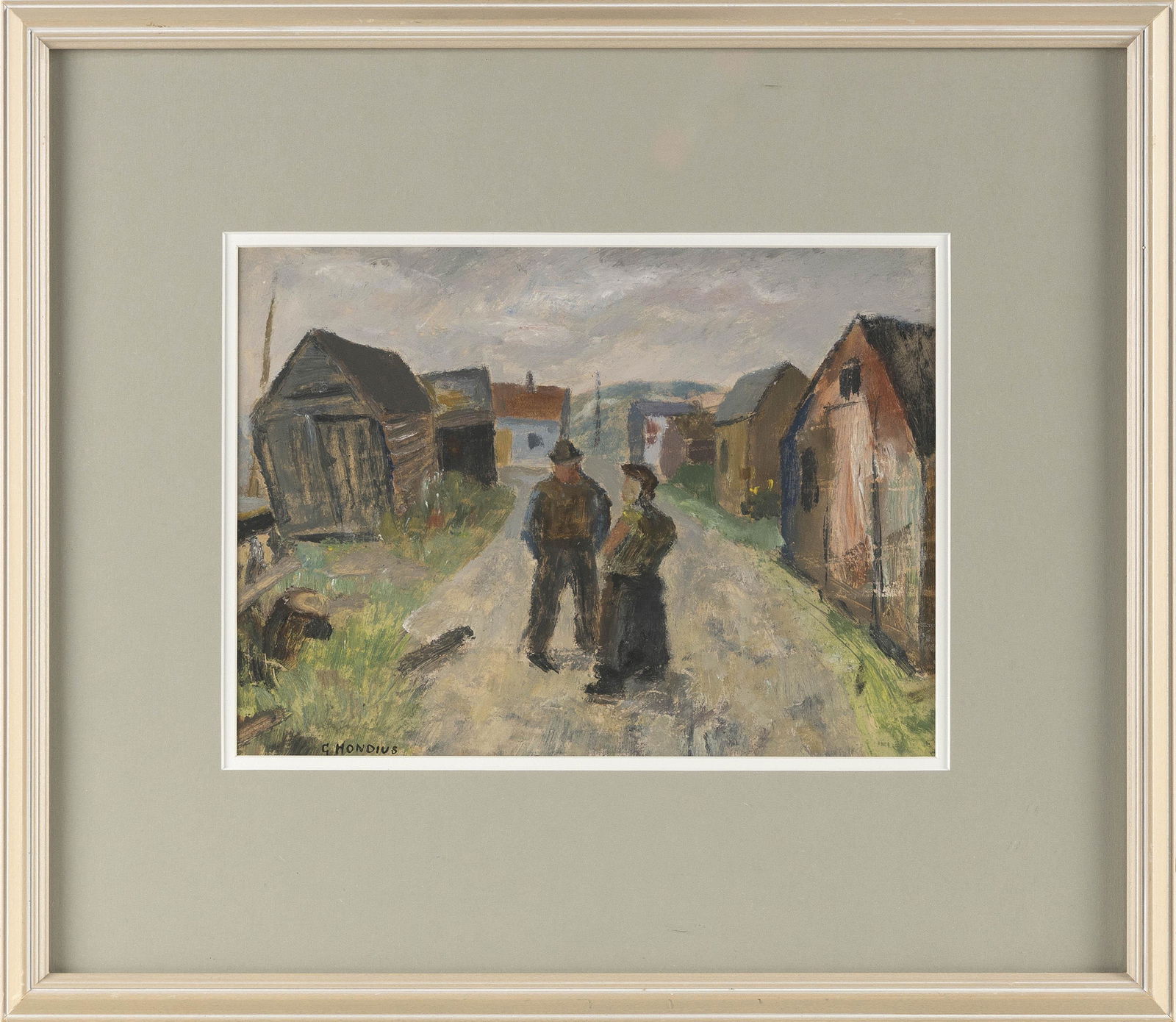 GERRIT HONDIUS (New York, 1891-1970), Figures on a path lined with shacks., Mixed media, 8.5" x 12" (1 of 2)