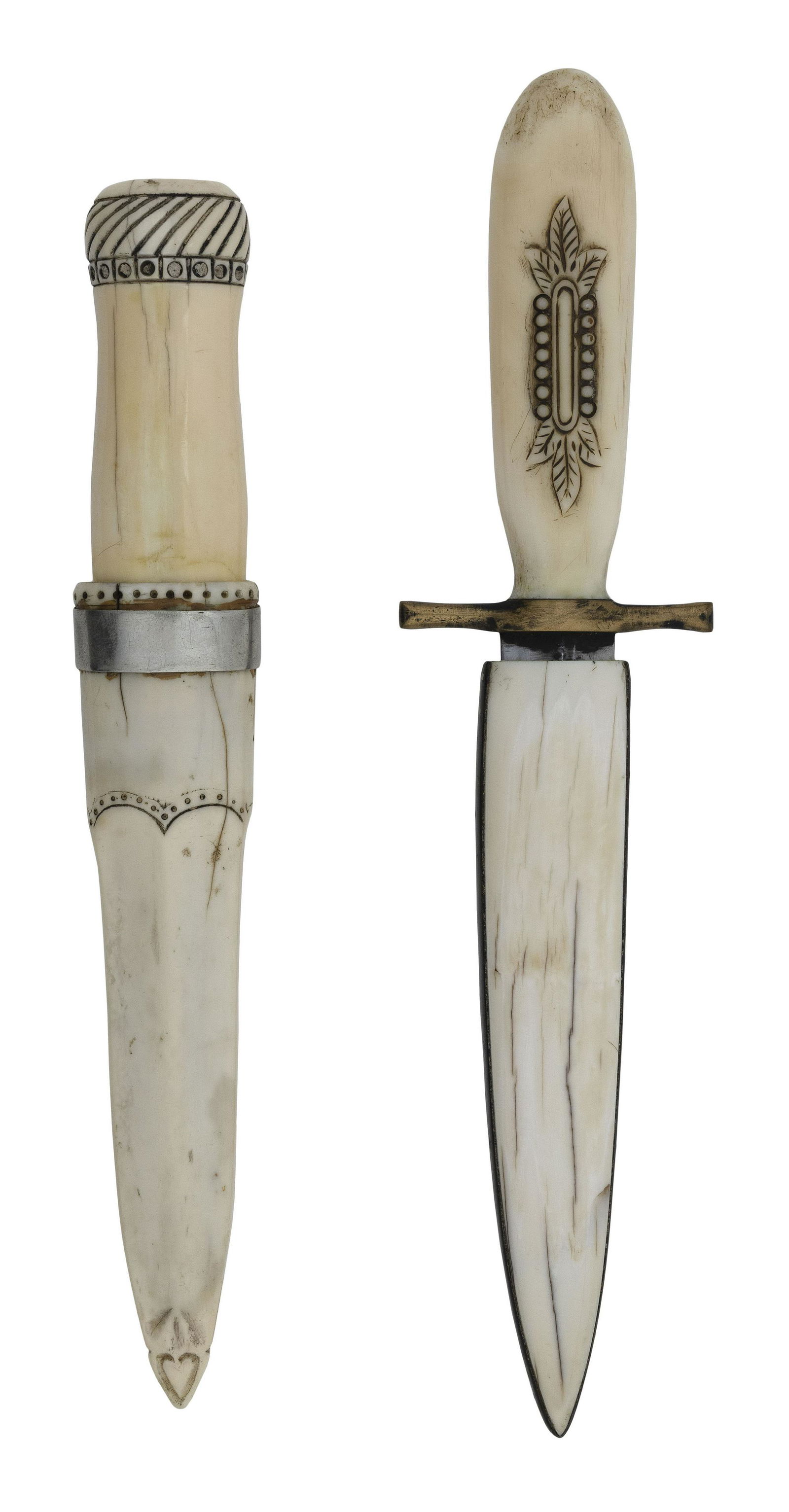 SOLINGEN SAILOR'S KNIFE WITH WALRUS TUSK SHEATH 19th Century Total length of knife in sheath 10.5".: SOLINGEN SAILOR'S KNIFE WITH WALRUS TUSK SHEATH19th CenturySteel blade engraved with foliage, a fouled anchor and a ship portrait medallion. Marked near brass cross guard "Solingen". Ivory handle reli