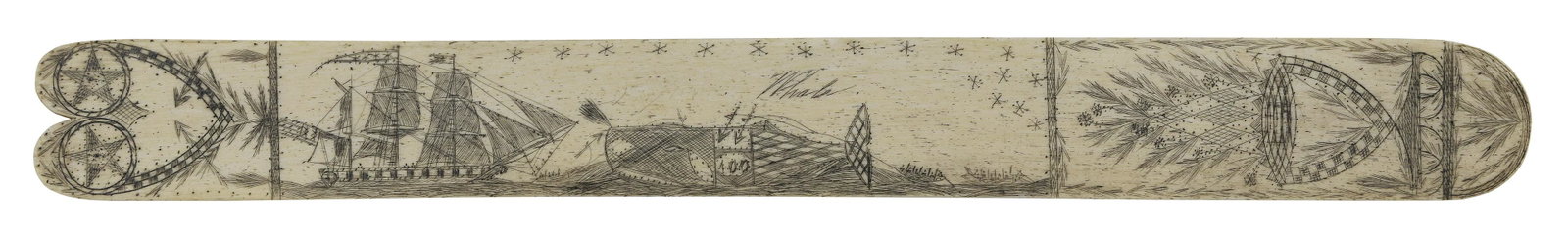 SCRIMSHAW WHALEBONE BUSK WITH WHALING SCENE 19th Century Length 12.5”.: SCRIMSHAW WHALEBONE BUSK WITH WHALING SCENE 19th Century Depicts a whaleship and a harpooned whale. Lobed end with a heart containing encircled five-pointed stars. Curved end with urn of flowers. Leng