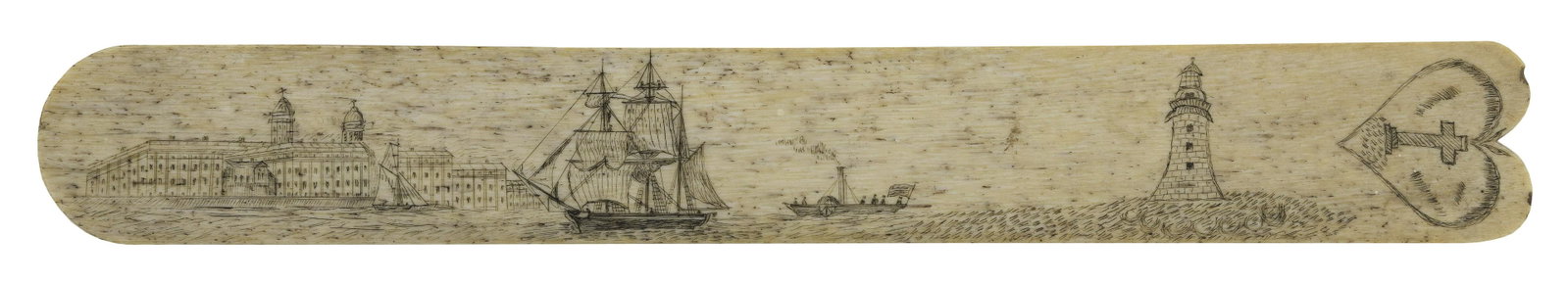SCRIMSHAW WHALEBONE BUSK 19th Century Length 13”.: SCRIMSHAW WHALEBONE BUSK 19th Century Depicts a shore scene with a large twin-domed building, a sea-washed lighthouse, a large three-masted vessel and a small paddle steamer. Lobed end with a cross wi