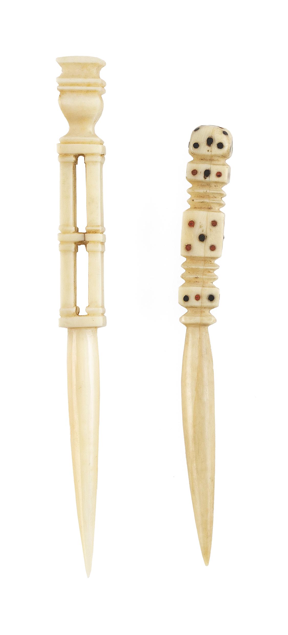 TWO WHALE IVORY BODKINS Mid-19th Century Lengths 4.25” and 5.25”.: TWO WHALE IVORY BODKINS Mid-19th Century One in an architectural form with ogee and molded finial. The other with a carved finial with inset baleen and sealing wax dots. Lengths 4.25” and 5.25&#