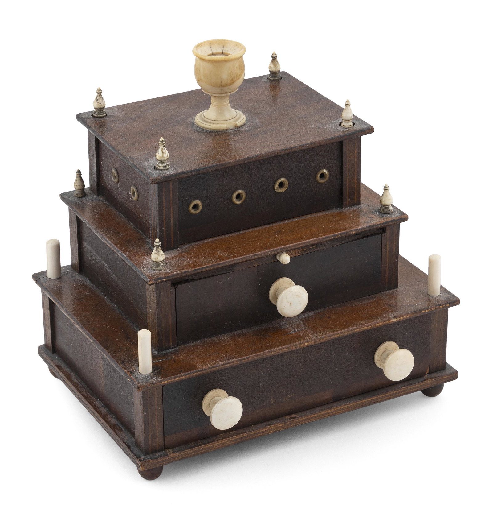 SAILOR-MADE THREE-TIER WOOD, WHALEBONE AND WHALE IVORY SEWING BOX 19th Century Height 10”.: SAILOR-MADE THREE-TIER WOOD, WHALEBONE AND WHALE IVORY SEWING BOX 19th Century Topped with an urn-form pincushion holder. Upper tier with bone-trimmed thread dispenser sockets. Both lower tiers with a