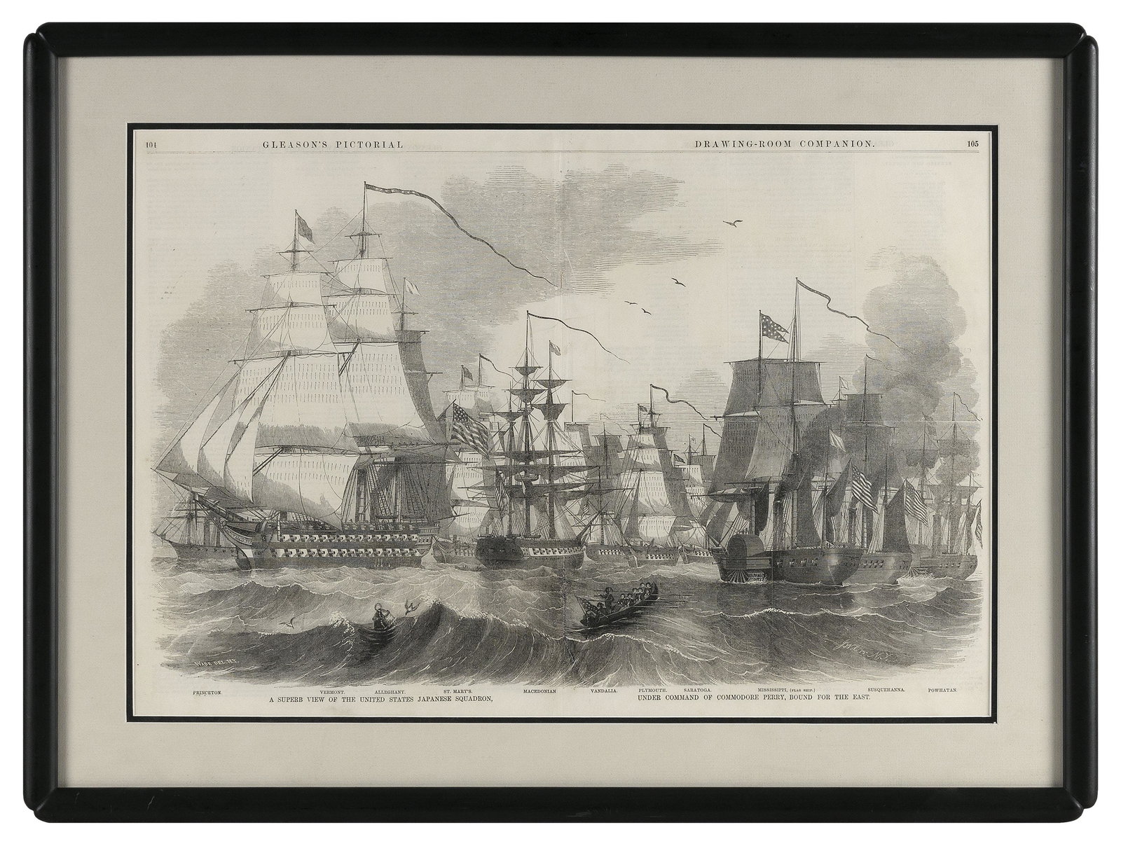 WOOD ENGRAVING "A SUPERB VIEW OF THE UNITED STATES JAPANESE SQUADRON, UNDER COMMAND OF COMMODORE (1 of 2)