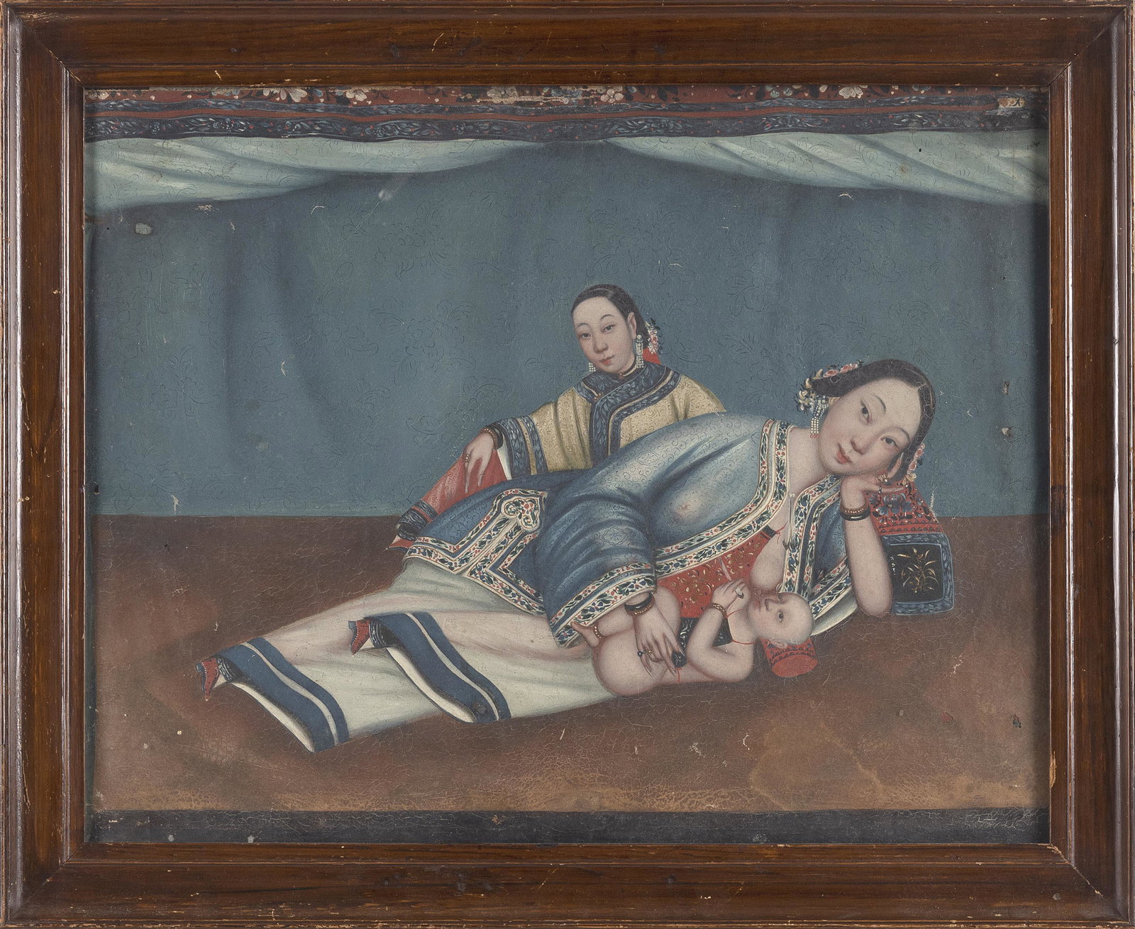 CHINESE SCHOOL (19th Century,), Interior scene with two women, one nursing a baby., Oil on paper, (1 of 2)