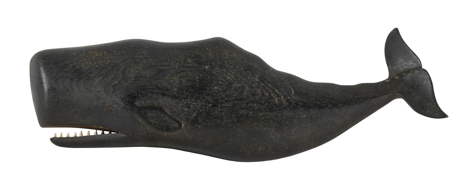 CLARK G. VOORHEES, JR. (Connecticut/Vermont, 1911-1980), Carved and painted wooden sperm whale.,: CLARK G. VOORHEES, JR.Connecticut/Vermont, 1911-1980Carved and painted wooden sperm whale. Incised artist's mark and stamped verso "C Voorhees".Length 17.5".