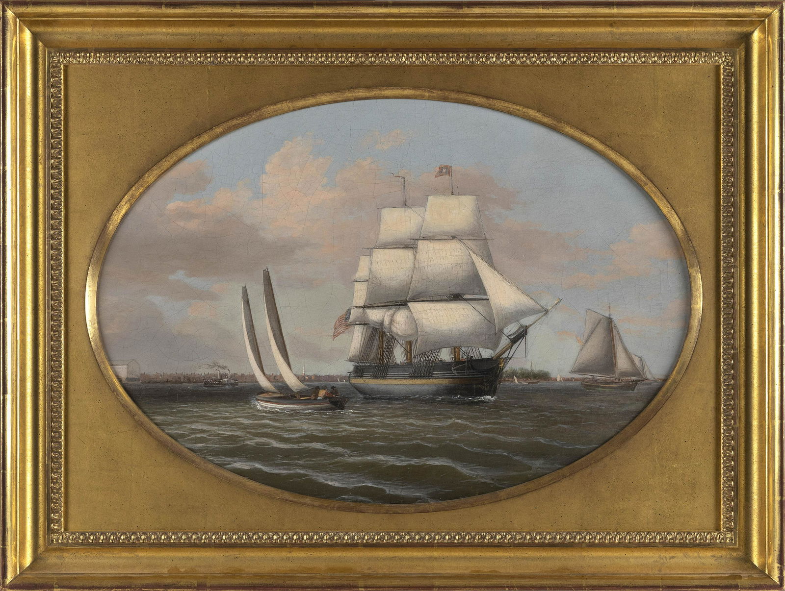 ATTRIBUTED TO THOMAS BIRCH (America, 19th Century), American packet ship outward bound., Oil on: ATTRIBUTED TO THOMAS BIRCHAmerica, 19th CenturyAmerican packet ship outward bound. Possibly Philadelphia in the background. Unsigned.Oil on canvas laid down on board, oval 18" x 25.75". Fram