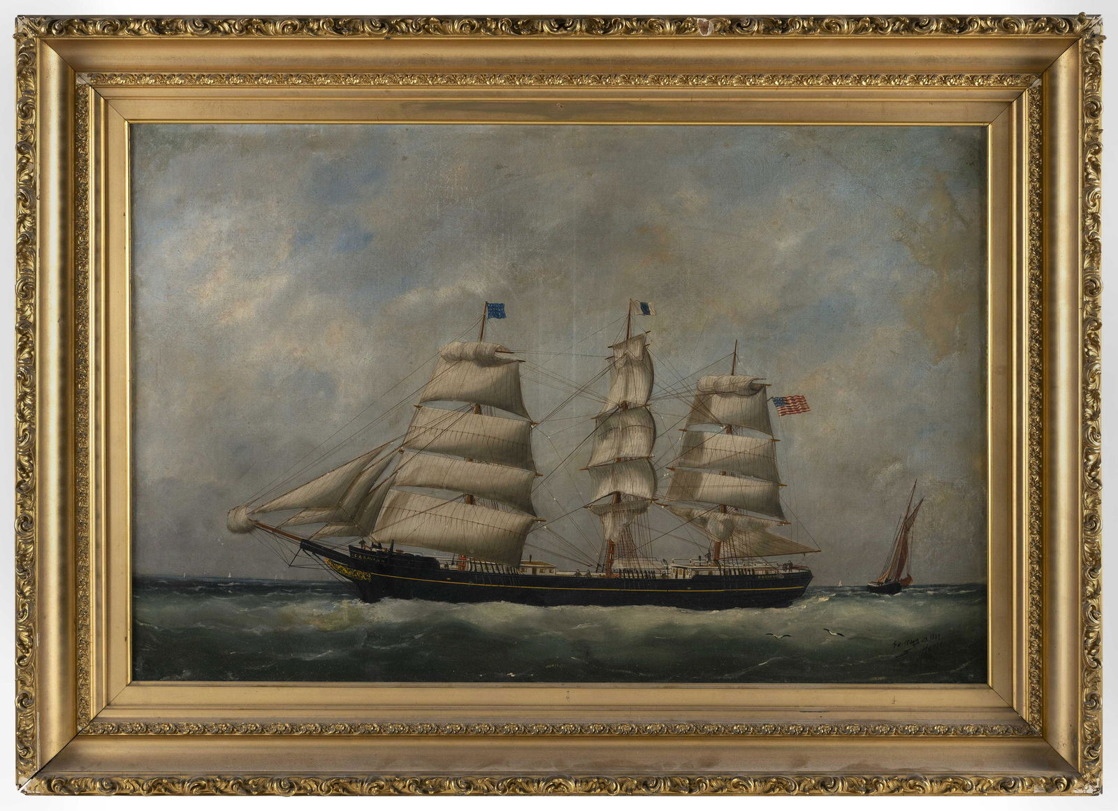 EDOUARD ADAM I (France, 1847-1929), Caravan, a three-masted ship flying an American flag., Oil on (1 of 3)