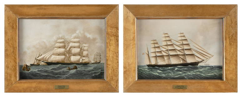 PAIR OF WEDGWOOD PORCELAIN PLAQUES DEPICTING AMERICAN CLIPPER SHIPS Framed 9.75" x 12.75".: PAIR OF WEDGWOOD PORCELAIN PLAQUES DEPICTING AMERICAN CLIPPER SHIPSDepict the clipper ships Great Republic and Hurricane, after paintings by James E. Buttersworth and Stephen D. Skillet. Housed in the