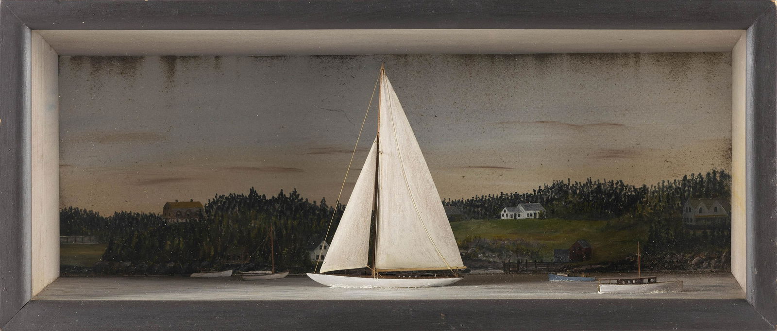 DIORAMA DEPICTING TWO SAILBOATS AND THREE MOTORBOATS Circa 1920 Shadow box height 9”. Width (1 of 2)