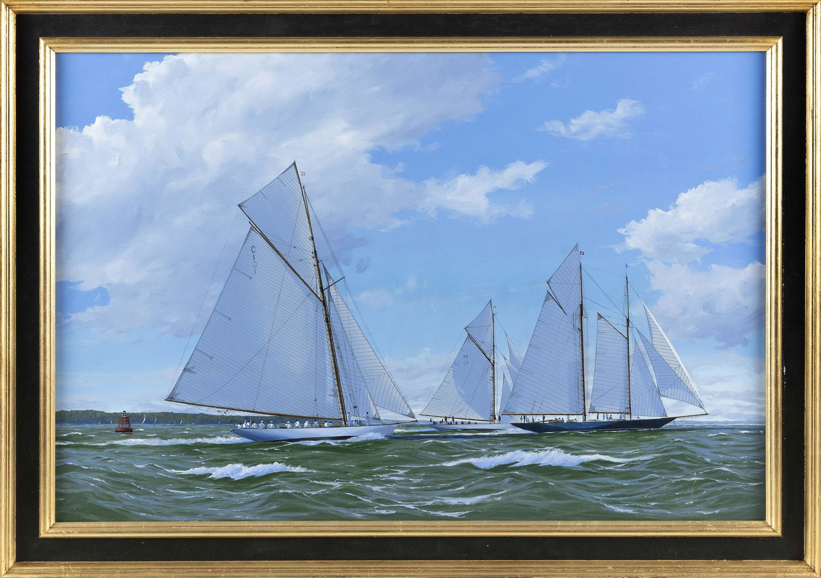 JAMES MILLER (Britain, b. 1962), "Mariquita, Tuiga, and Mariette Racing on the Solent"., Oil on (1 of 2)