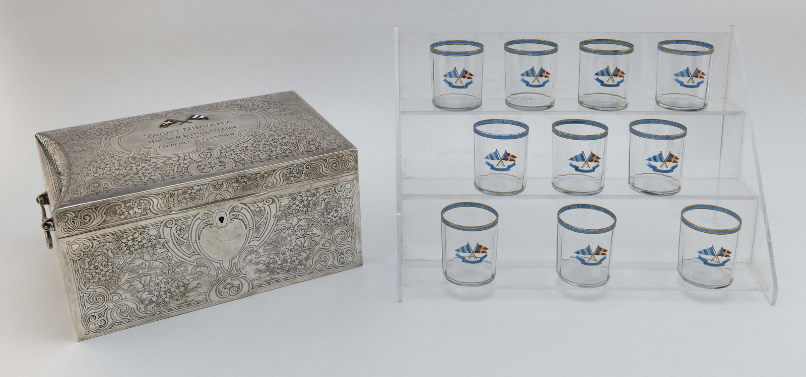 SILVER HUMIDOR AND OTHER SERVICE FOR THE YACHT "NIRVANA IV" Circa 1922-29 Humidor height 6". Width (1 of 3)