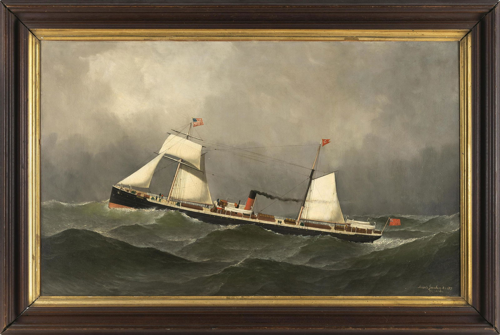 ANTONIO NICOLO GASPARO JACOBSEN (New York/New Jersey/Denmark, 1850-1921), The steam/sail ship: ANTONIO NICOLO GASPARO JACOBSENNew York/New Jersey/Denmark, 1850-1921The steam/sail ship Bermuda. Signed and dated lower right "Antonio Jacobsen NY 1877".Oil on canvas, 22" x 36". Framed 28" x 42".