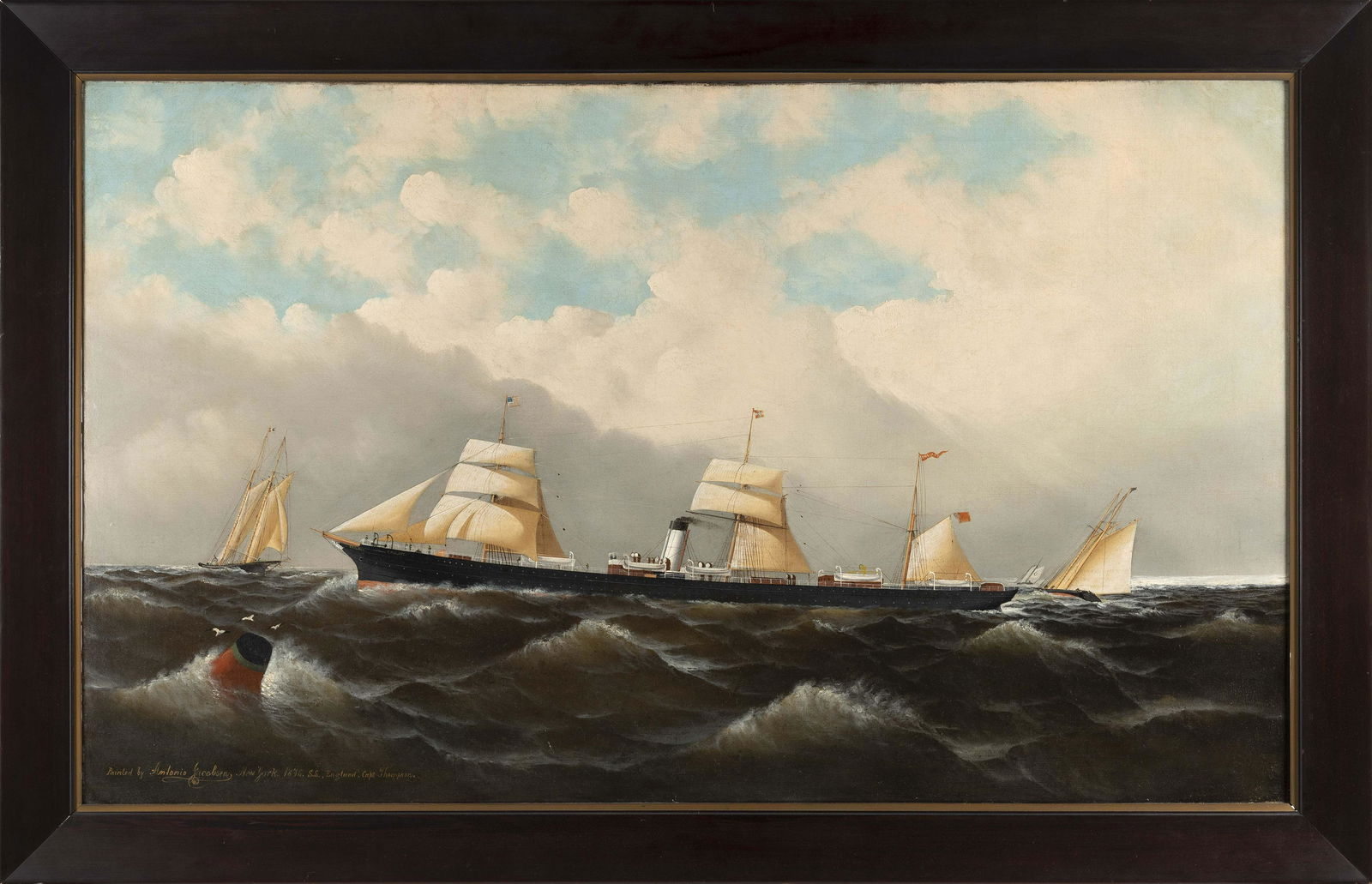 ANTONIO NICOLO GASPARO JACOBSEN (New York/New Jersey/Denmark, 1850-1921), "S.S. England Capt.: ANTONIO NICOLO GASPARO JACOBSENNew York/New Jersey/Denmark, 1850-1921"S.S. England Capt. Thompson". Inscribed lower left "Painted by Antonio Jacobsen New York 1875 S.S. England Capt. Th
