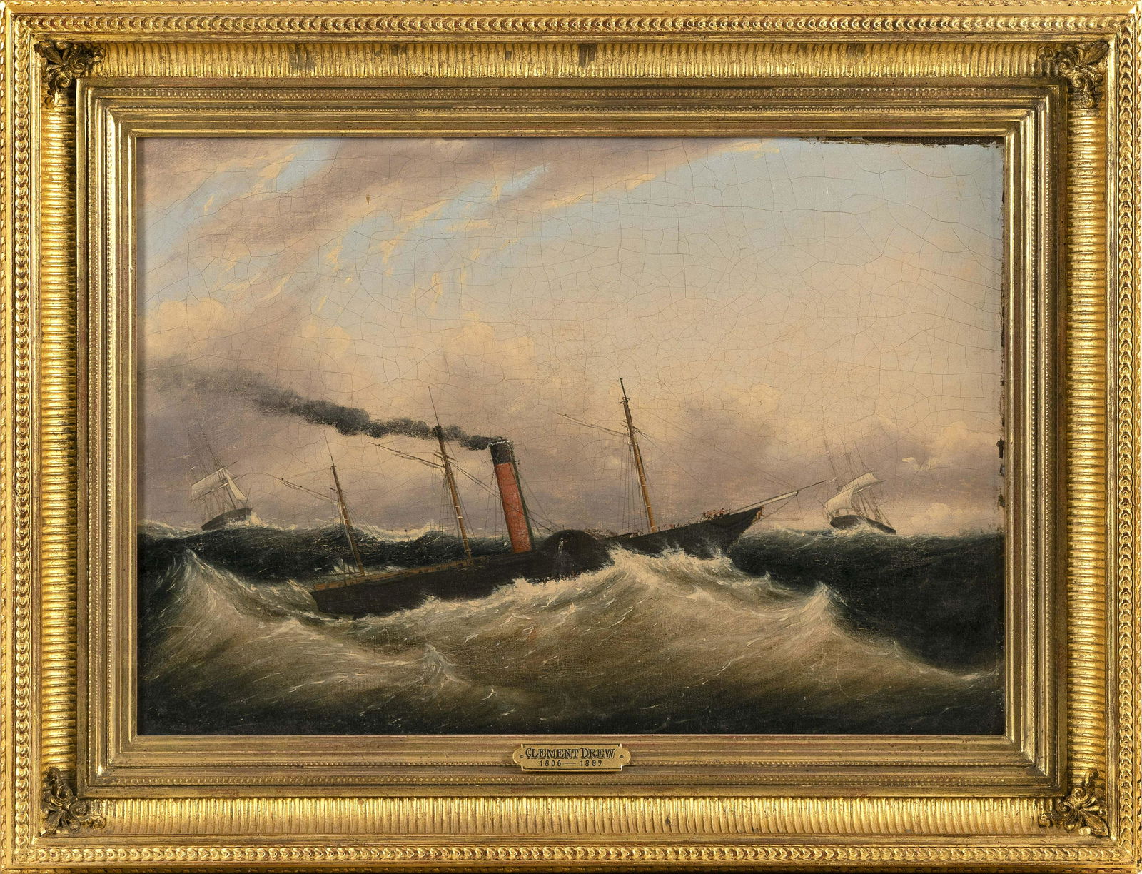 CLEMENT DREW (Massachusetts, 1806-1889), A sidewheeler in stormy seas., Oil on canvas, 13.5" x 19".: CLEMENT DREWMassachusetts, 1806-1889A sidewheeler in stormy seas. Unsigned. Photo attached verso shows the canvas pre-relining with Drew's inscription.Oil on canvas, 13.5" x 19". Framed 19&q