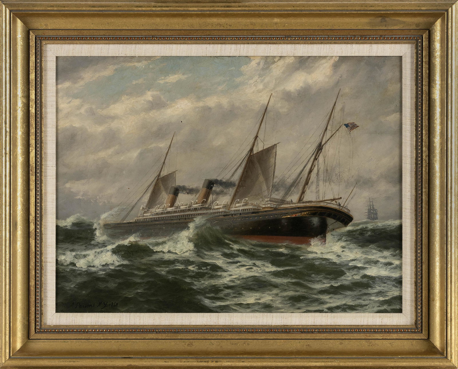 A. PARSONS (America, 19th Century), Steam/sail ship in rough seas., Oil on canvas, 15” x (1 of 2)