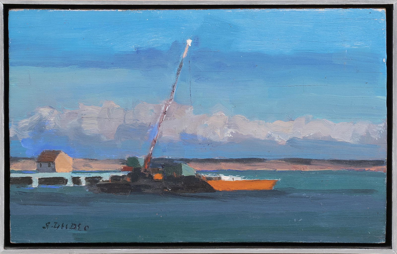 SALVATORE DEL DEO (Massachusetts, b. 1928), "Barge at the Coast Guard Pier, 1976"., Oil on board, 6" (1 of 2)