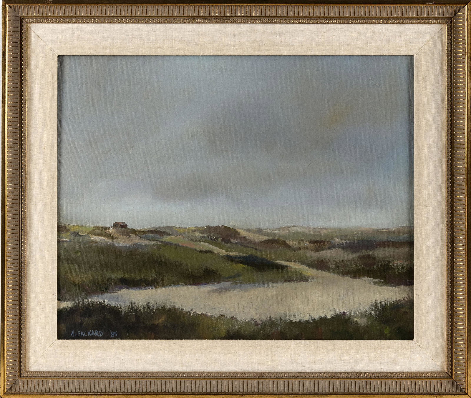 ANNE PACKARD (Massachusetts/New Jersey, b. 1933), Dune shack., Oil on canvas, 16” x 20”.: ANNE PACKARD Massachusetts/New Jersey, b. 1933 Dune shack. Signed lower left “A. Packard”. Oil on canvas, 16” x 20”. Framed 22” x 25.5”. Dimensions: Oil on canvas, 