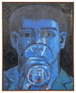 AARON FINK (America, b. 1955), “Bluman”., Oil on canvas, 60” x 48”. Framed: AARON FINKAmerica, b. 1955â€œBluman” (The Martini Drinker). Signed and dated verso â€œAaron Fink 1985”. Titled on stretcher. Label verso for Jack Shainman Gallery, Washington, D.C.