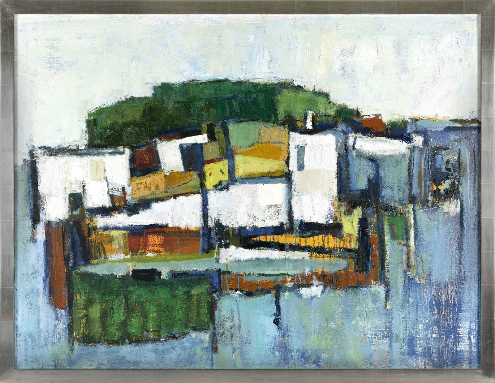 MEGAN HINTON (Massachusetts, b. 1974), Abstract of waterfront shacks., Oil on canvas, 32” x (1 of 2)