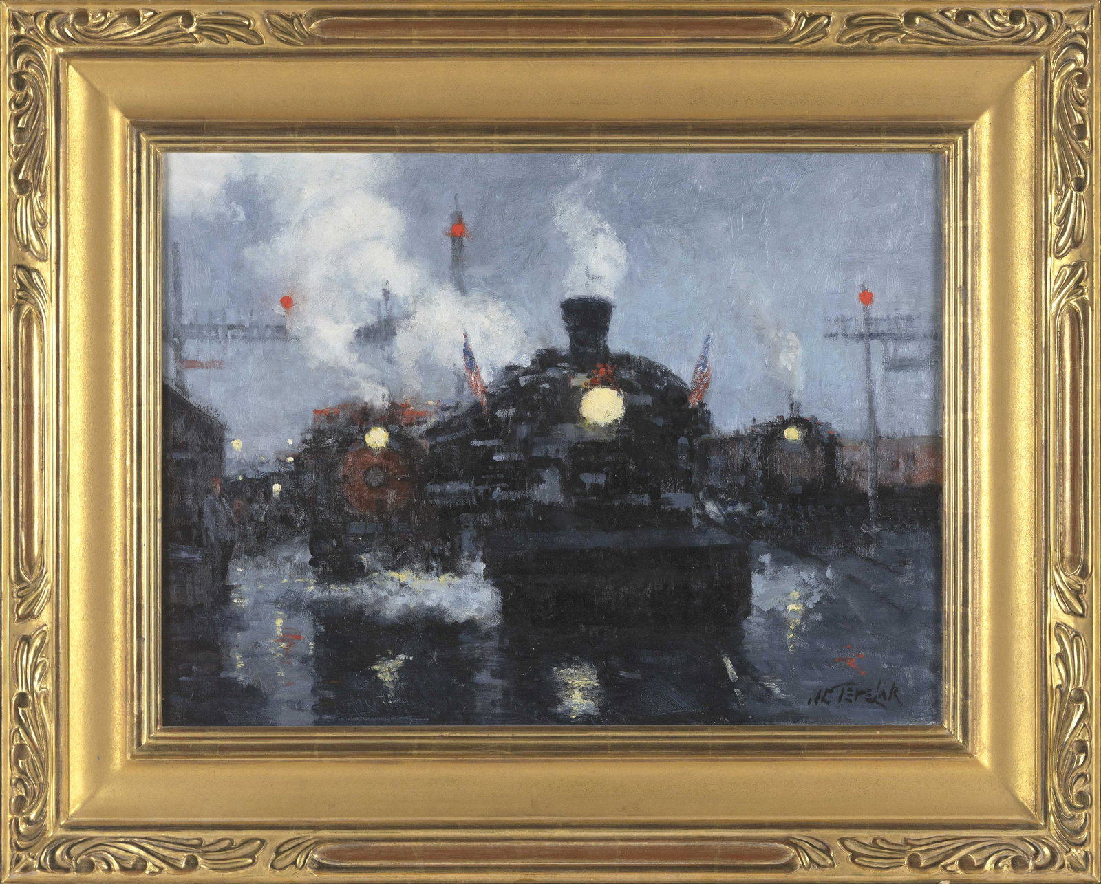 JOHN TERELAK (New York/Massachusetts, b. 1942), Trains in the yard., Oil on canvas, 18" x 24".: JOHN TERELAK New York/Massachusetts, b. 1942 Trains in the yard. Signed lower right "J.C. Terelak". Oil on canvas, 18" x 24". Framed 27" x 33". Dimensions: Oil on canvas,