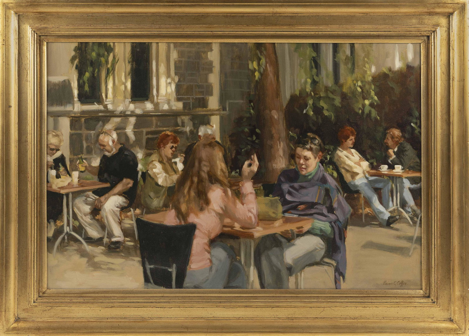 ELAINE G. COFFEE (Arizona/New Jersey, b. 1941), "Outdoor Cafe, Christchurch, NZ"., Oil on canvas,: ELAINE G. COFFEEArizona/New Jersey, b. 1941"Outdoor Cafe, Christchurch, NZ". Signed lower right "Elaine G. Coffee". Titled and signed verso.Oil on canvas, 24" x 36". Fram