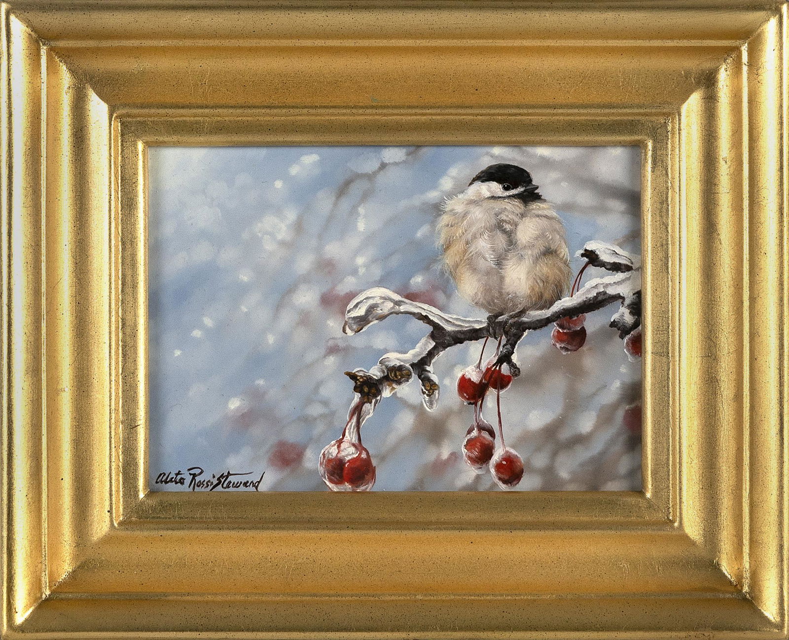 ALETA ROSSI STEWARD (Massachusetts, Contemporary), “Winter Chickadee”., Oil on panel, (1 of 2)