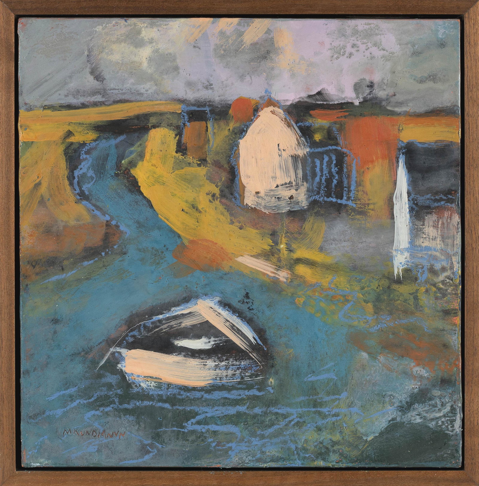 MARC KUNDMANN (Massachusetts, b. 1963), “Home in Sight”., Mixed media on birch, 12”: MARC KUNDMANN Massachusetts, b. 1963 “Home in Sight”. Signed lower left “Marc Kundmann”. Titled and signed verso. Mixed media on birch, 12” x 12”. Framed 13” 
