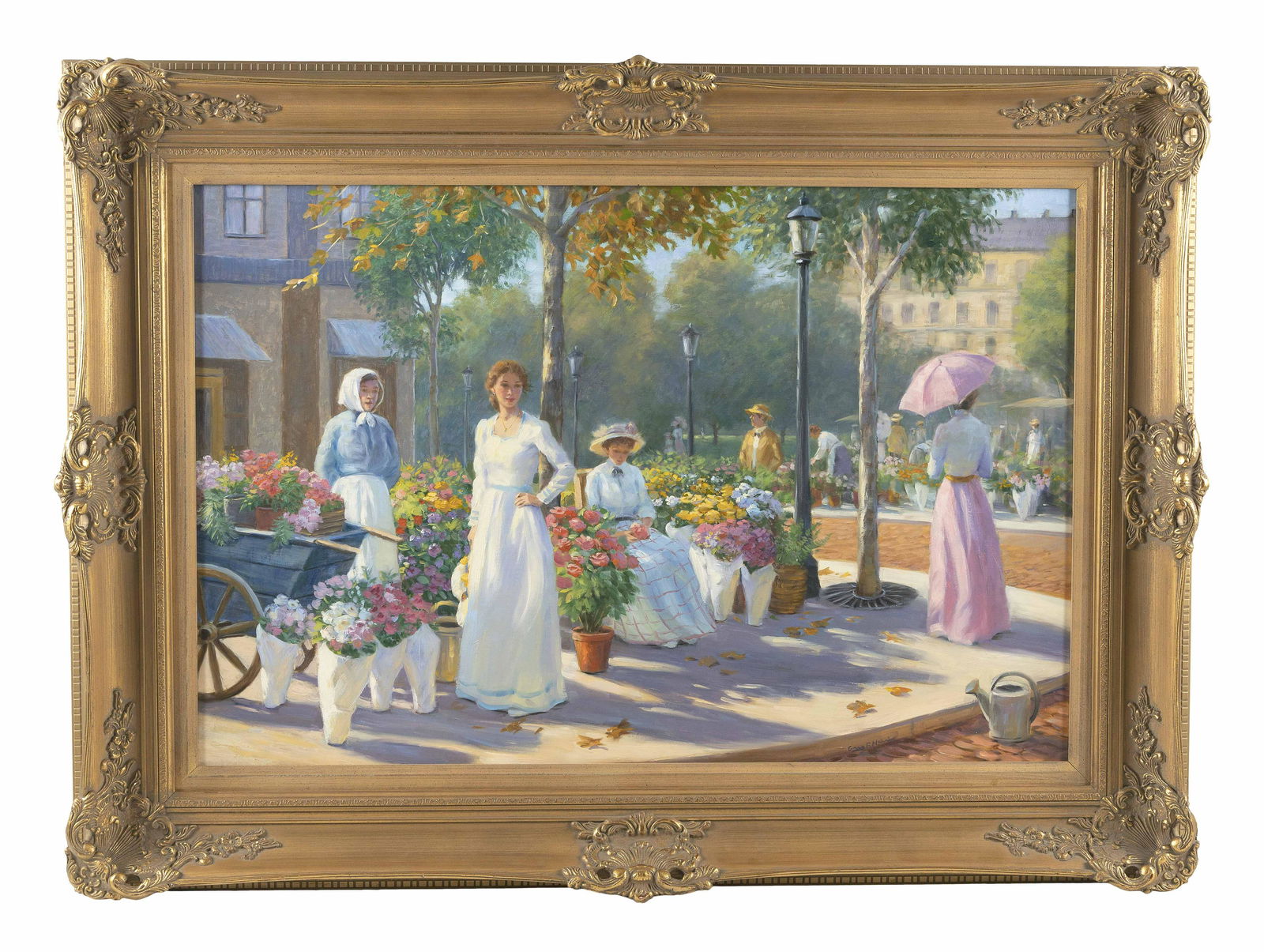 GREGORY FRANK HARRIS (Connecticut/New Mexico, b. 1953), "An Autumn Flower Market"., Oil on canvas, (1 of 2)