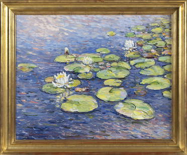 JAN PAWLOWSKI (Massachusetts/Poland, b. 1949), Water lilies., Oil, 24" x 30". Framed 29" x 35".: JAN PAWLOWSKIMassachusetts/Poland, b. 1949Water lilies. Signed and dated lower left &#8220;Jan Pawlowski &#8216;98&#8221;.Oil, 24&quot; x 30&quot;. Framed 29&quot; x 35&quot;. Provenance:Christina Gal