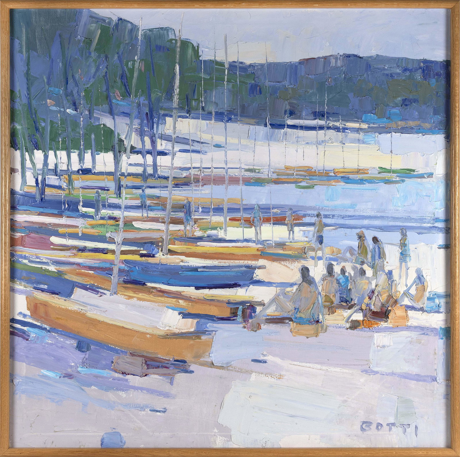 ITALO BOTTI (New York/Illinois/Florida, 1923-2003), Figures and boats on the beach., Oil on canvas,: ITALO BOTTINew York/Illinois/Florida, 1923-2003Figures and boats on the beach. Signed lower right “Botti”.Oil on canvas, 40” x 40”. Framed 41” x 41”. Dimensions: Oi