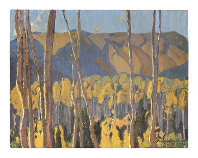 JERRY JORDAN (New Mexico, b. 1944), "Aspen Grove"., Oil on board, 16" x 20". Unframed.: JERRY JORDANNew Mexico, b. 1944&quot;Aspen Grove&quot;. Signed lower right &quot;Jerry Jordan Taos&quot;. Titled and signed verso.Oil on board, 16&quot; x 20&quot;. Unframed. Provenance:Manitou Galler