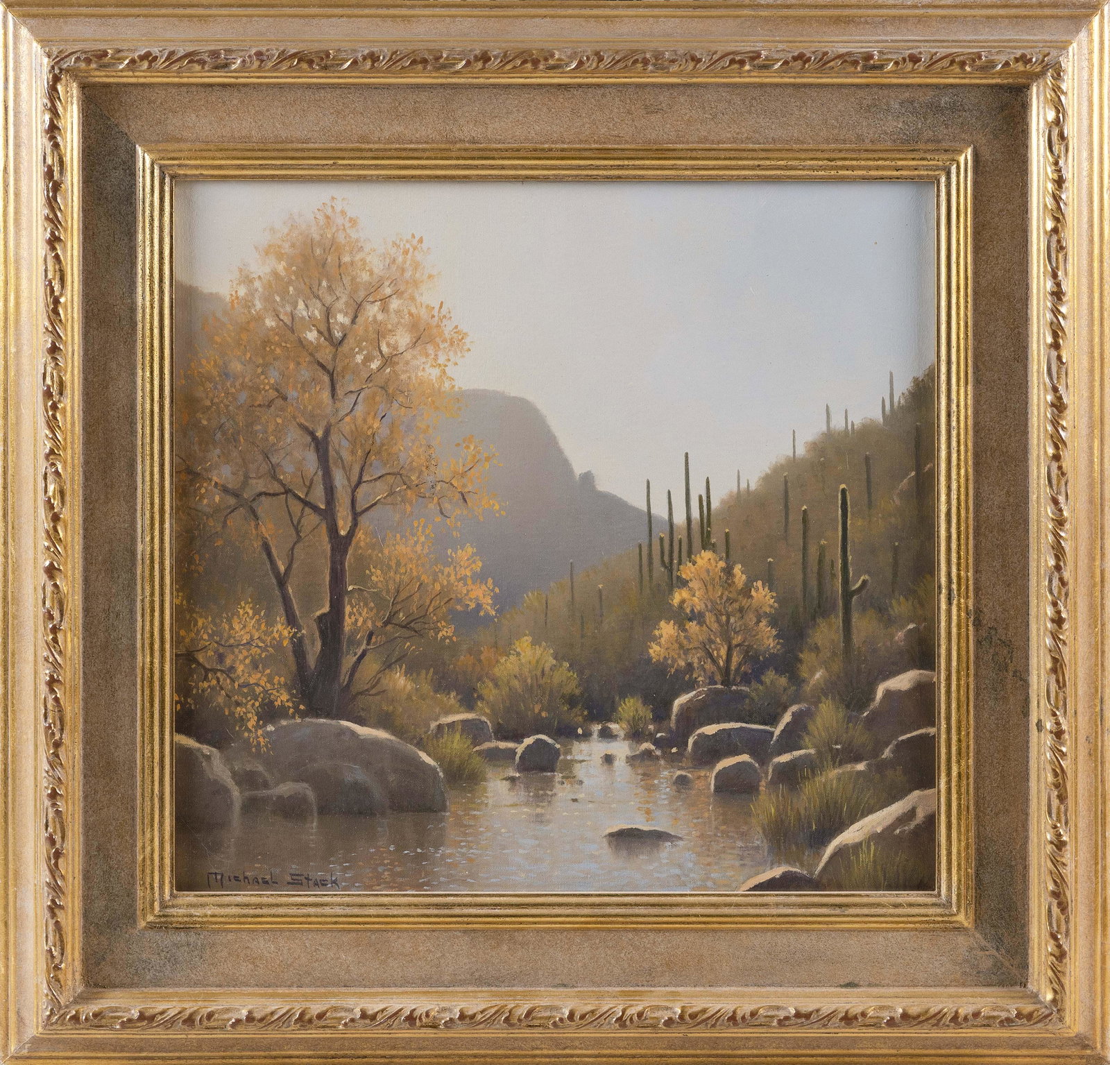 MICHAEL STACK (Arizona/New Mexico, b. 1947), "Autumn Haze, Sabino Canyon"., Oil on board, 15" x: MICHAEL STACK Arizona/New Mexico, b. 1947 "Autumn Haze, Sabino Canyon". Signed lower left “Michael Stack”. Titled and dated 2002 verso. Oil on board, 15" x 16”. Framed