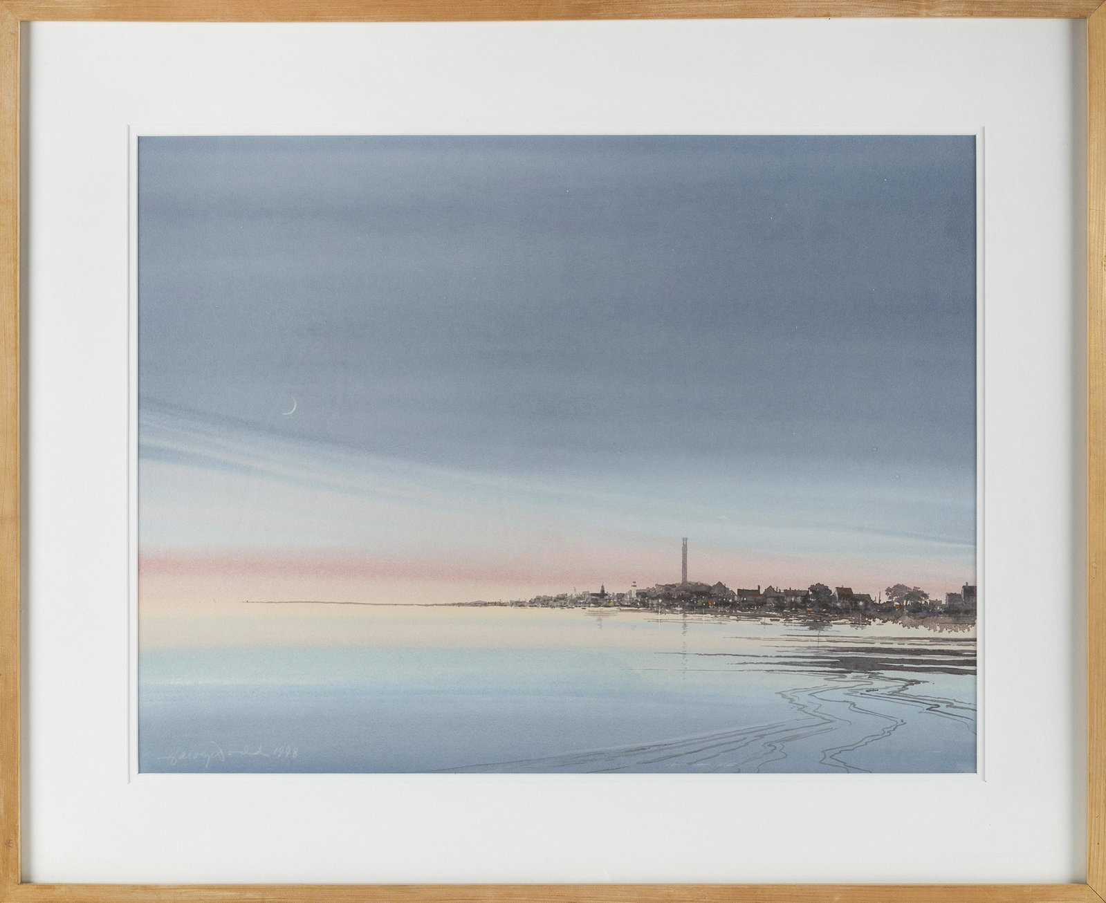 HARVEY JOHN DODD (Massachusetts, 1933-2011), Dusk falls on Provincetown Harbor., Watercolor on: HARVEY JOHN DODD Massachusetts, 1933-2011 Dusk falls on Provincetown Harbor. Signed and dated lower left “Harvey Dodd 1998”. Watercolor on paper, 18” x 24” sight. Framed 27R