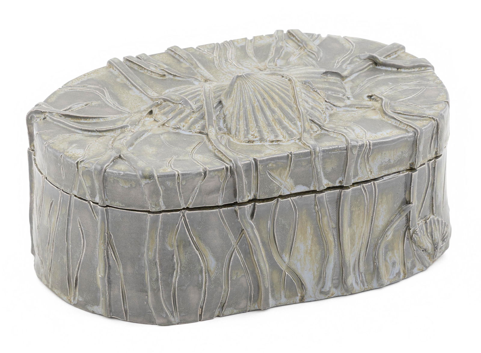 BARBARA WIGREN (Massachusetts, Contemporary), Covered oval box with scallop and sea grass design and (1 of 2)