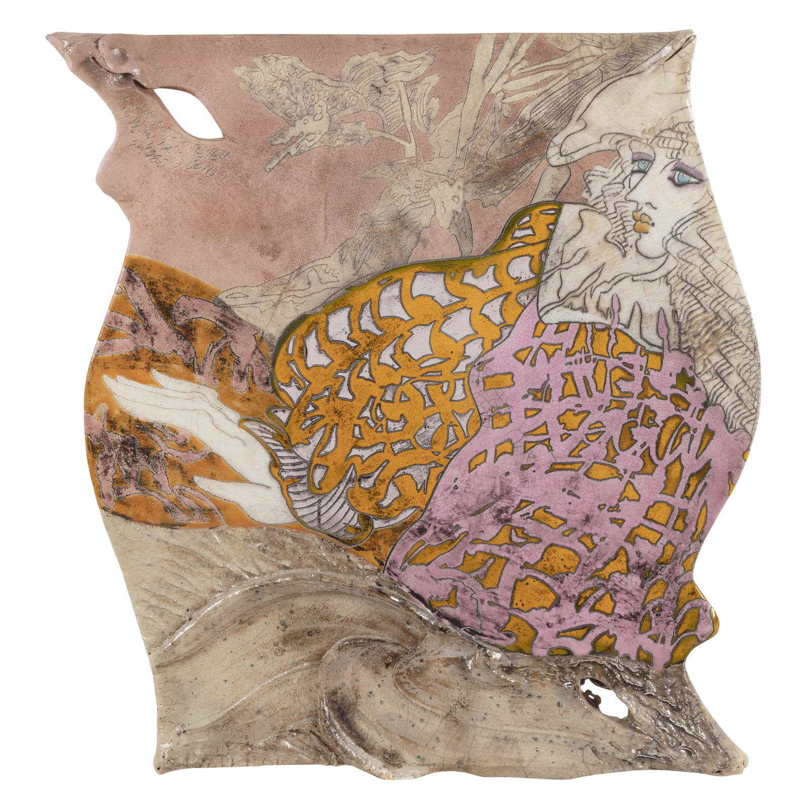 SUSAN AND STEVEN KEMENYFFY (America, Contemporary), Studio pottery wall plaque with female figure.,: SUSAN AND STEVEN KEMENYFFY America, Contemporary Studio pottery wall plaque with female figure. Signed and dated upper left “Kemenyffy Steven/Susan McKean PA 1988”. Raku-fired stoneware, 3