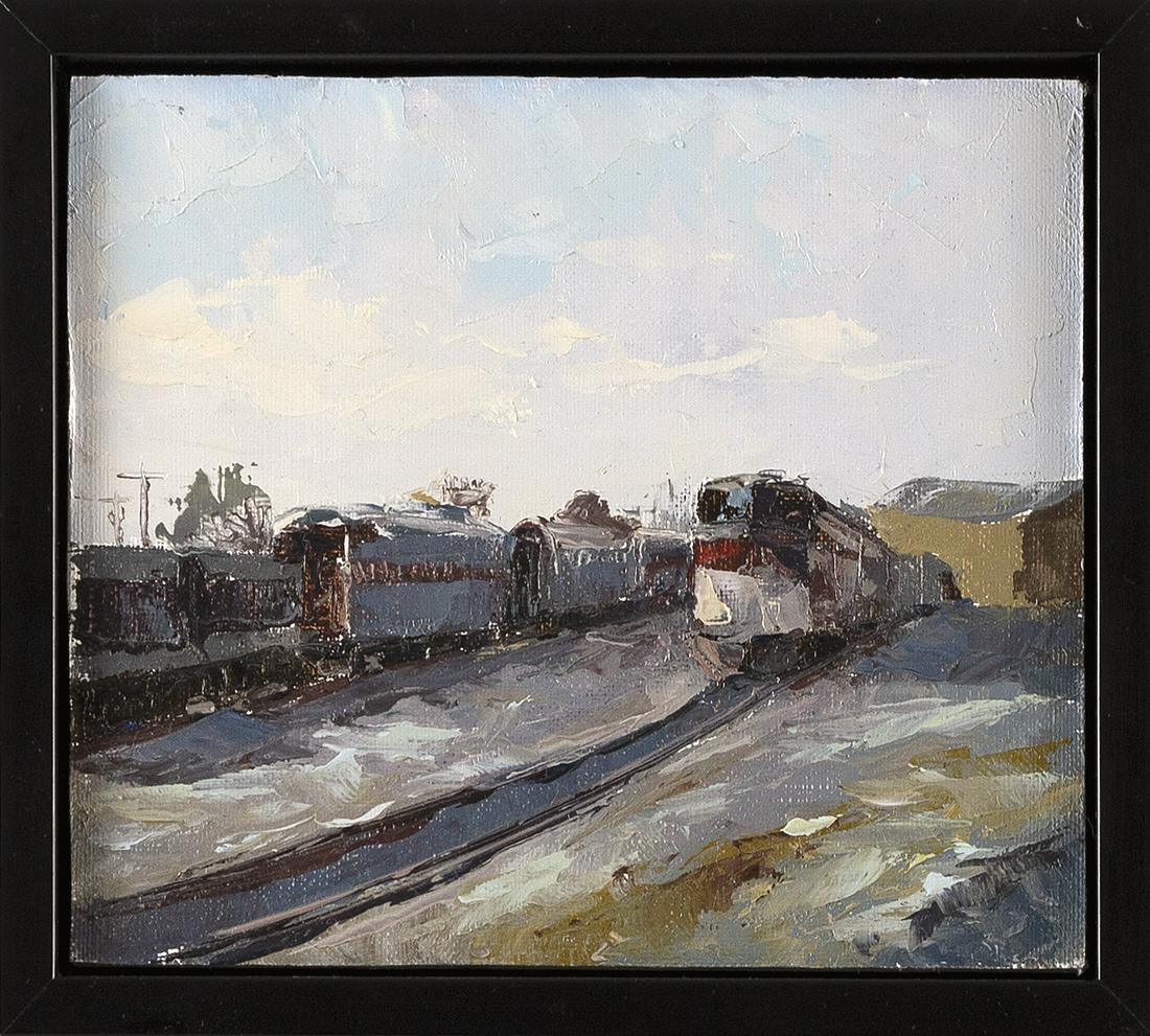 TAYLOR FOX (Massachusetts/New York, b. 1980), Train yard., Oil on board, 5.25” x 6”.: TAYLOR FOX Massachusetts/New York, b. 1980 Train yard. Signed and dated verso “T. Fox ‘20”. Oil on board, 5.25” x 6”. Framed 6” x 7”. Dimensions: Oil on board