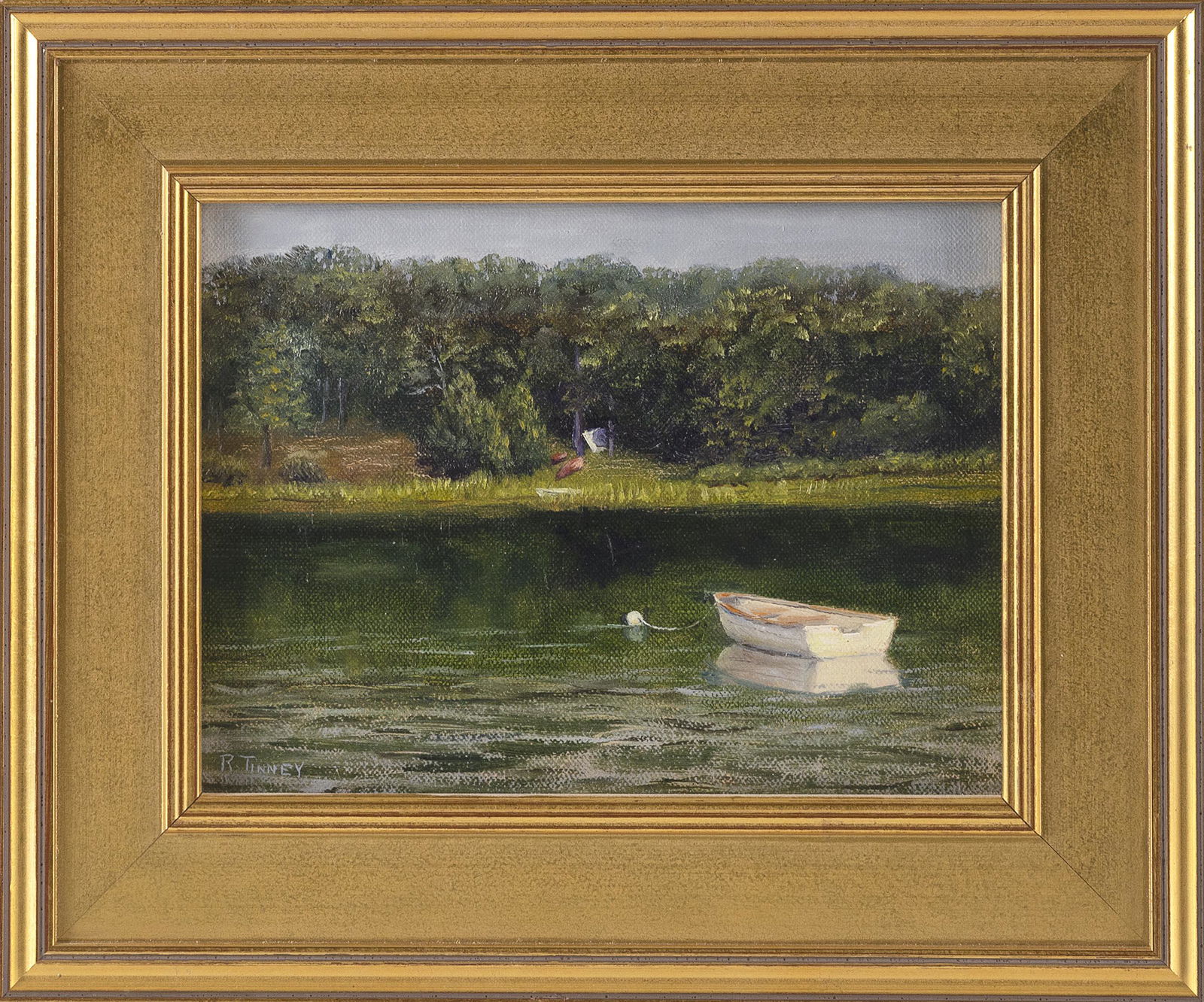 RONALD J. TINNEY (Massachusetts/Pennsylvania, b. 1958), Moored boat., Oil on board, 6” x: RONALD J. TINNEYMassachusetts/Pennsylvania, b. 1958Moored boat. Signed lower left “R. Tinney”.Oil on board, 6” x 8”. Framed 9.5” x 11.5”. Dimensions: Oil on board,