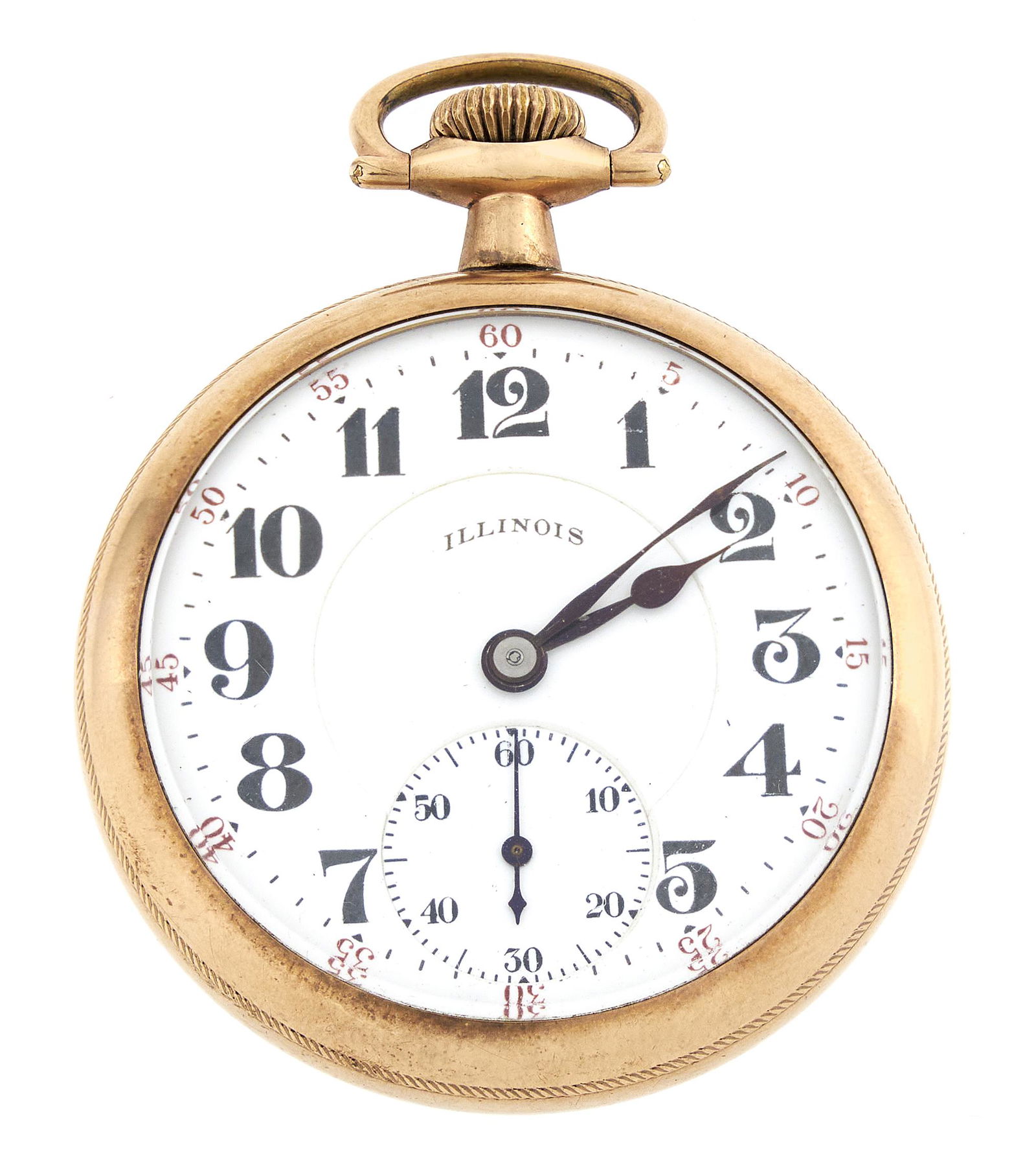 ILLINOIS YELLOW GOLD-FILLED POCKET WATCH Circa 1921 Approx. 55.52 total dwt.: ILLINOIS YELLOW GOLD-FILLED POCKET WATCHCirca 1921Mechanical manual winding movement. Seventeen-jewel movement stamped "Illinois Springfield Watch Co., 3953223". Case stamped "Philadelp