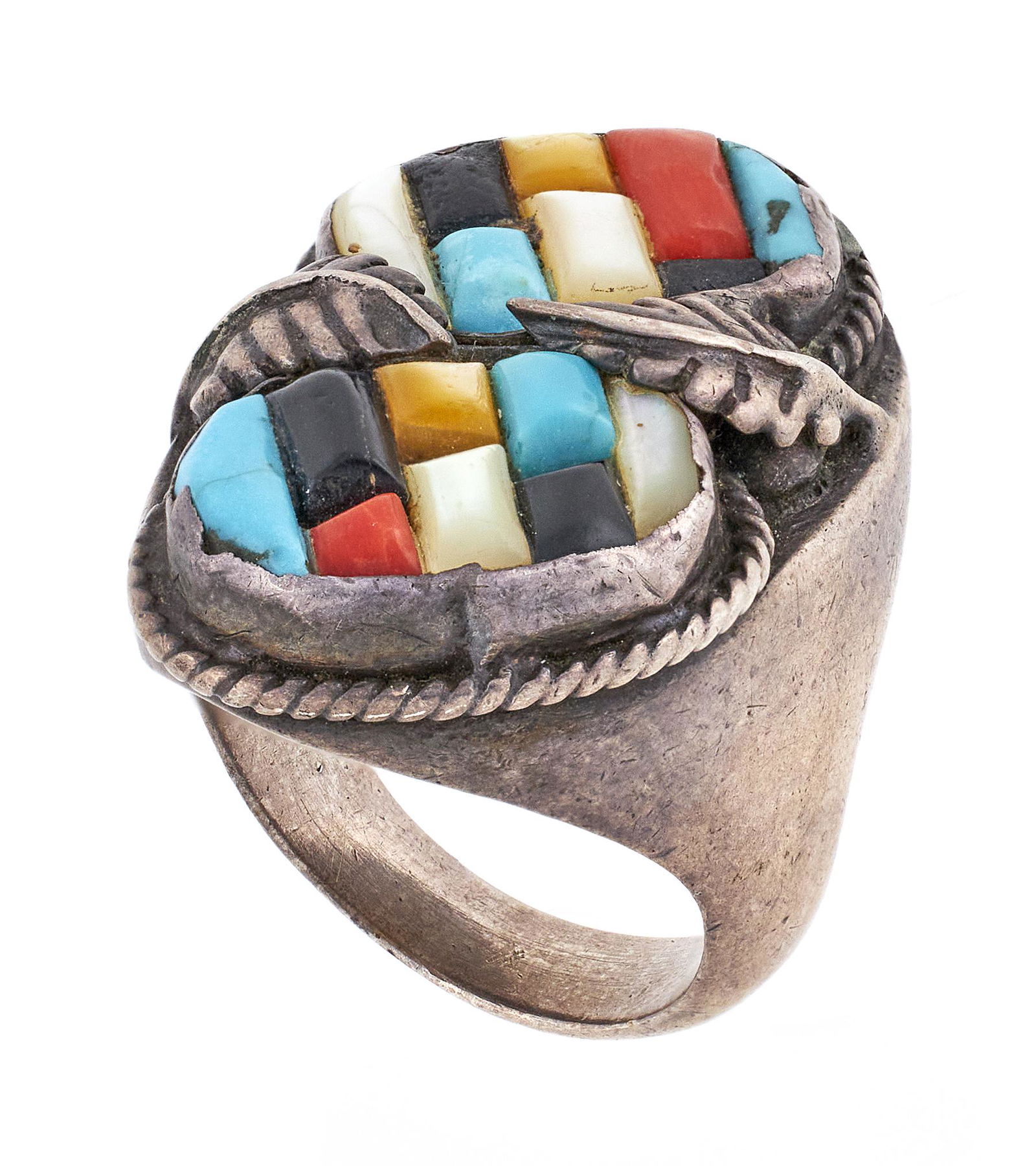 NAVAJO SILVER AND INLAID STONE RING Mid-20th Century Approx. 40 total grams (1 of 1)