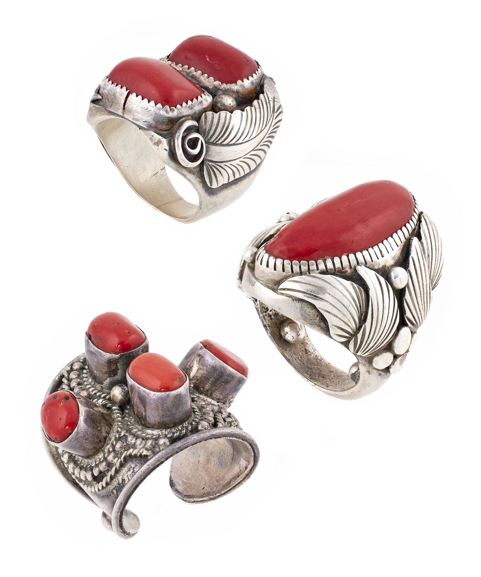 THREE NAVAJO SILVER AND CORAL RINGS Mid- to Late 20th Century Approx. 98 total grams (1 of 1)