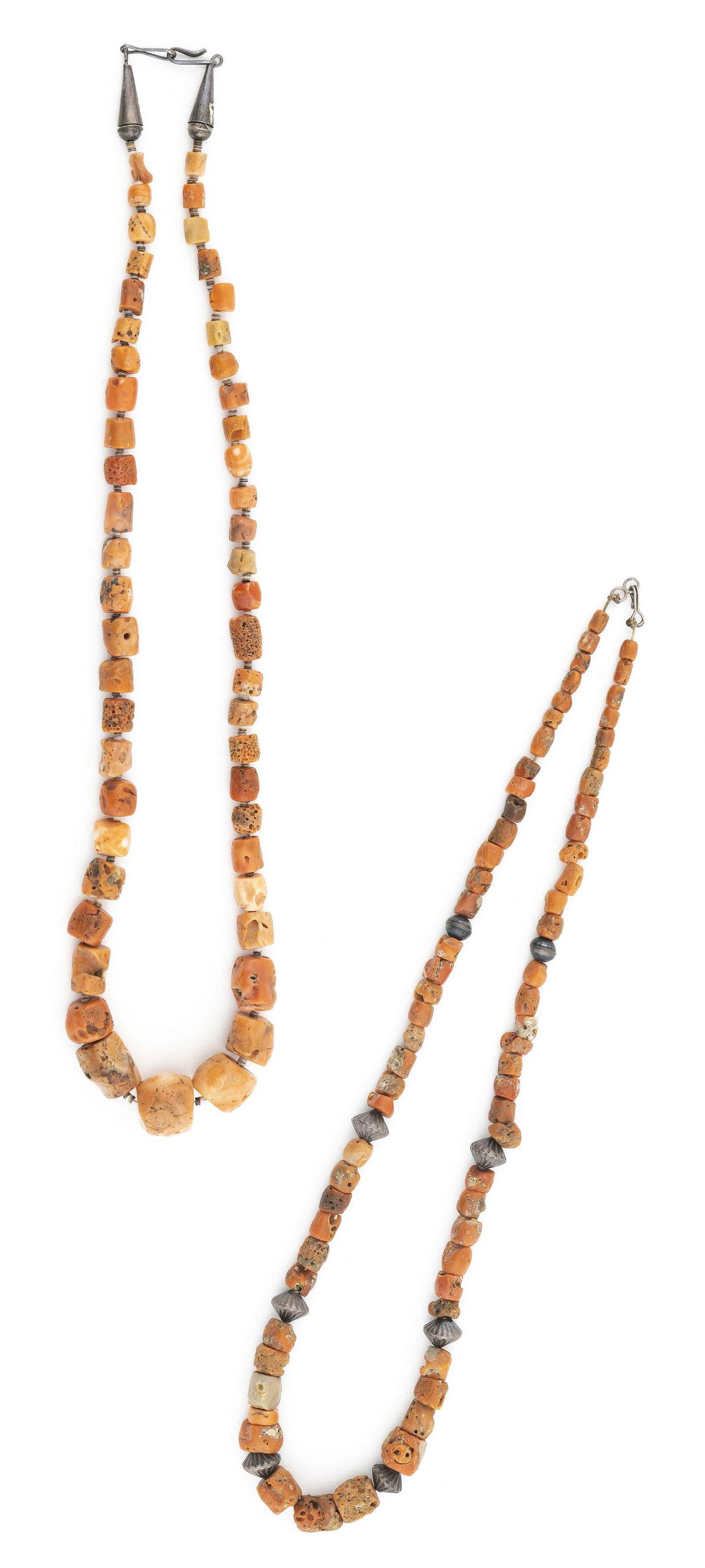 TWO NATURAL CORAL AND SILVER BEAD NECKLACES Mid-20th Century Approx. 143 total grams (1 of 3)