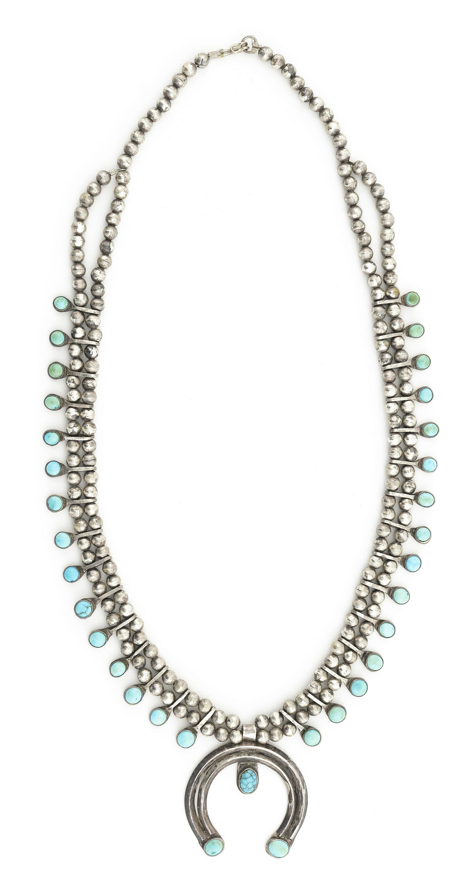 NAVAJO SILVER AND TURQUOISE SQUASH BLOSSOM NECKLACE Early to Mid-20th Century Approx. 97 total grams (1 of 2)