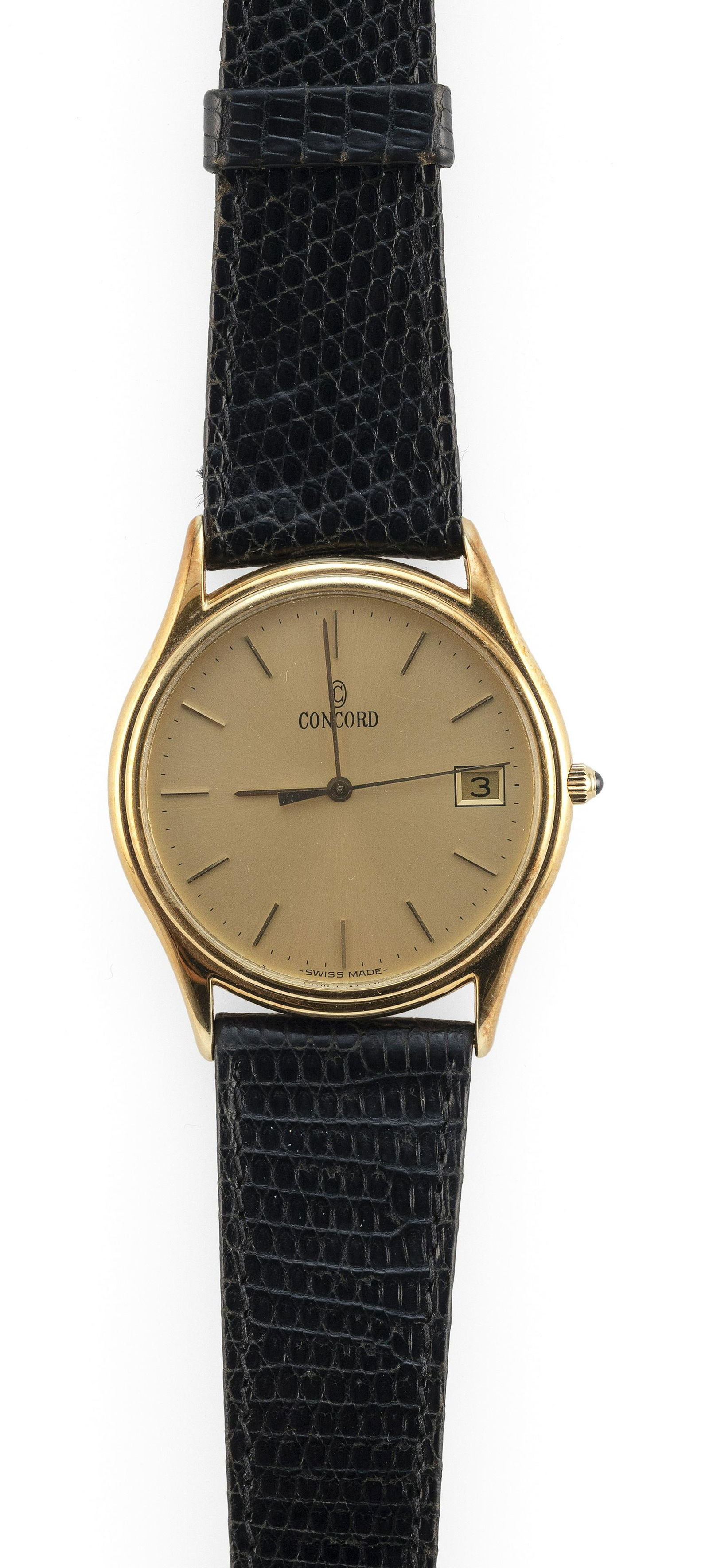 CONCORD 14KT GOLD WATCH: CONCORD 14KT GOLD WATCHCase numbered 20 78 214 921055. Gold-tone dial with sticks and date function. Concord clasp. Case diameter 34.0mm.