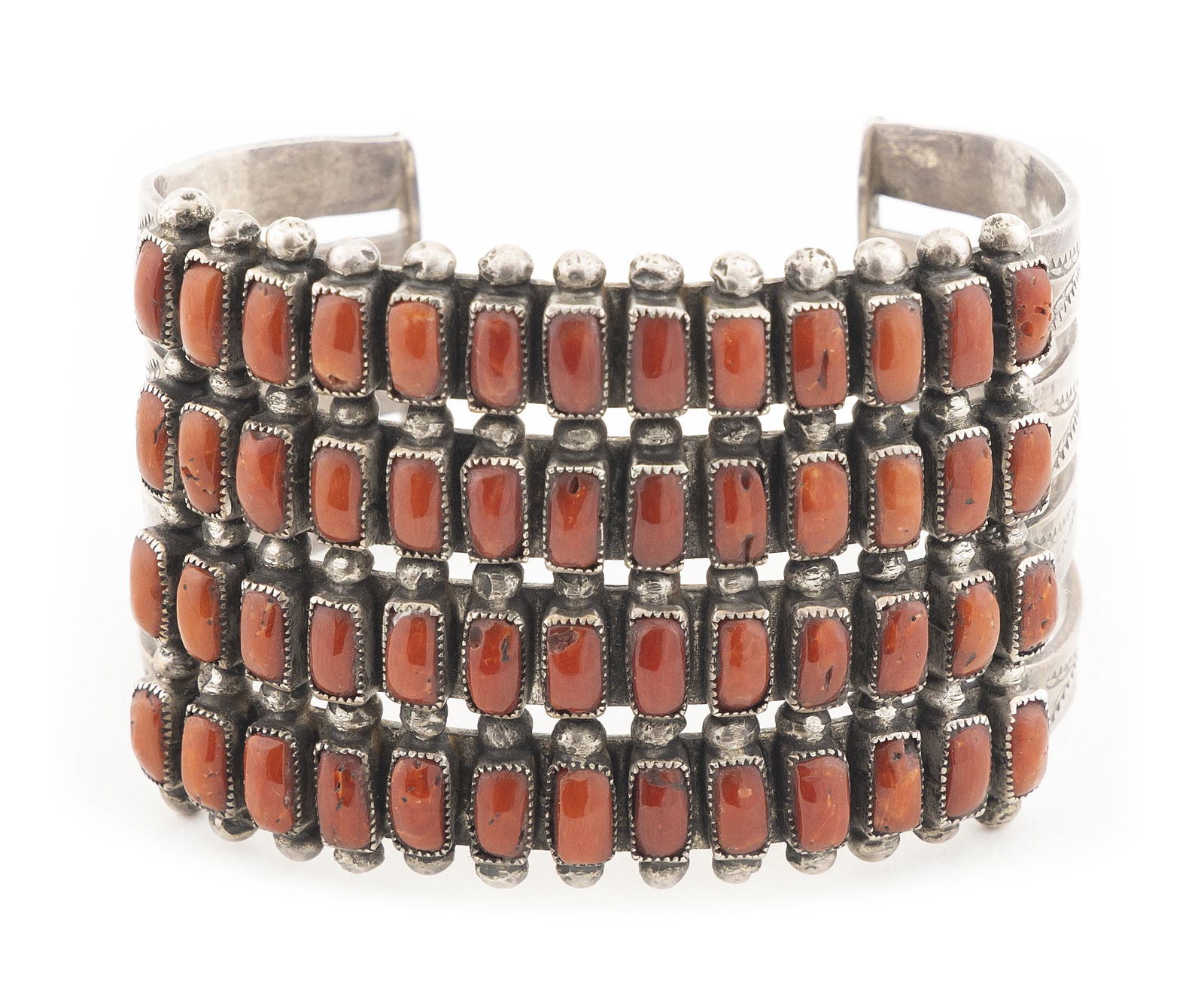 ZUNI SILVER AND CORAL CUFF BRACELET Mid-20th Century Approx. 84 total grams (1 of 3)