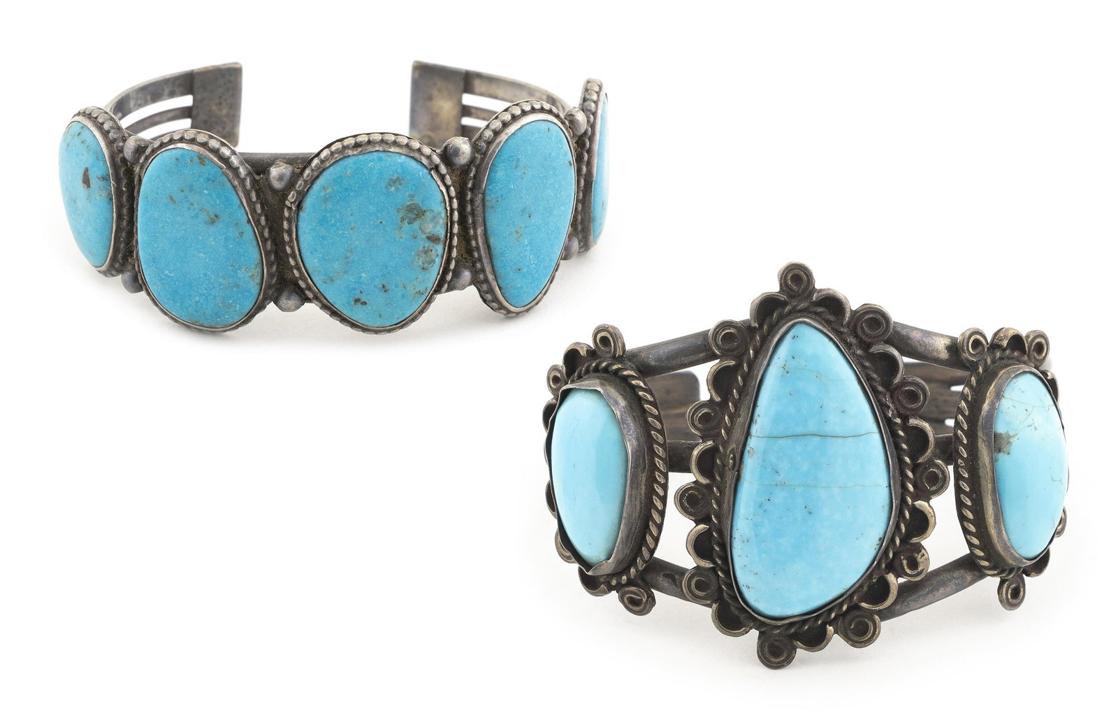 TWO VINTAGE NAVAJO SILVER AND TURQUOISE BRACELETS Mid-20th Century Approx. 140 total grams (1 of 6)