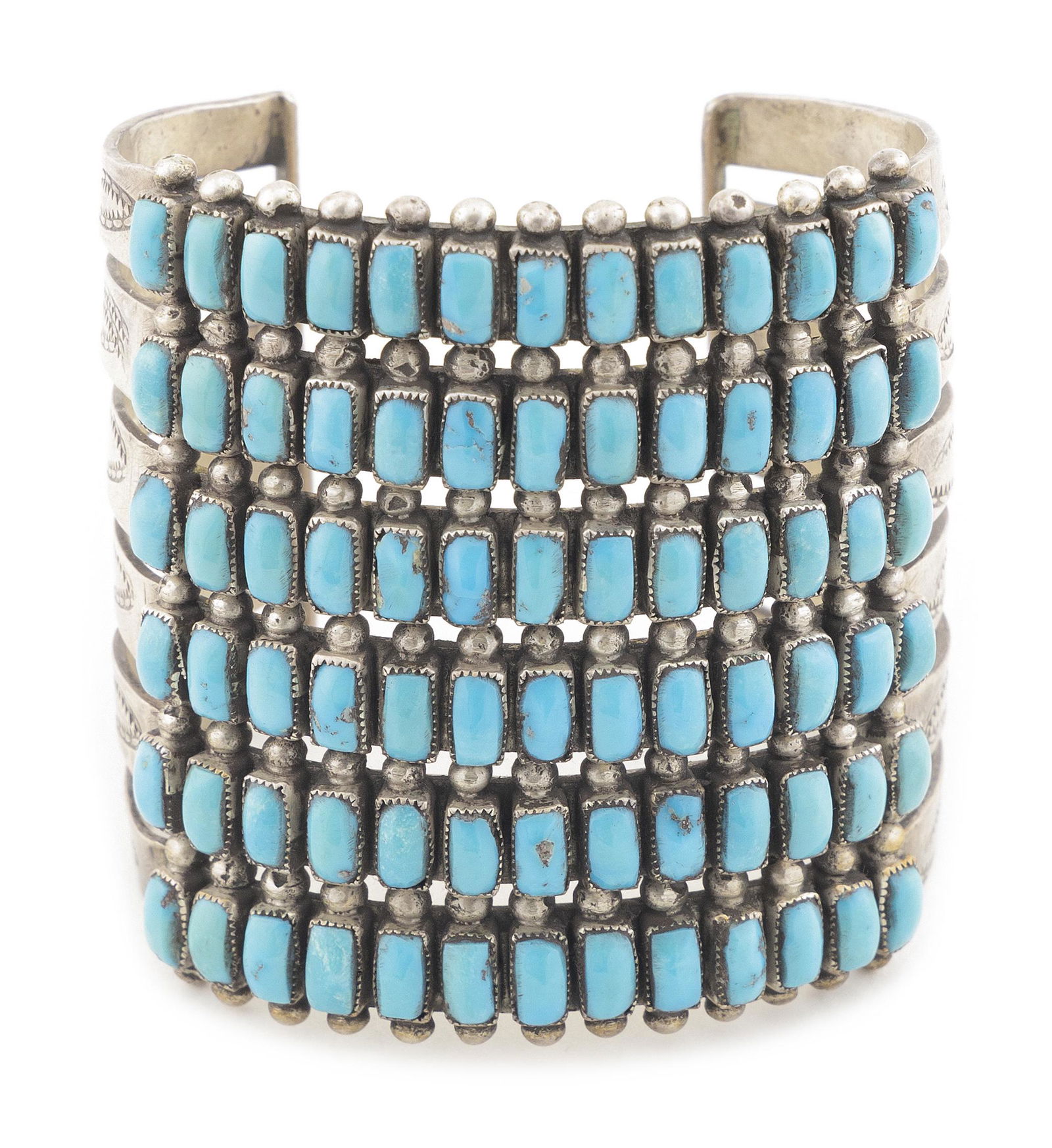 EXCEPTIONAL ZUNI SIX-ROW TURQUOISE AND SILVER CUFF BRACELET Early 20th Century Approx. 115 total (1 of 3)