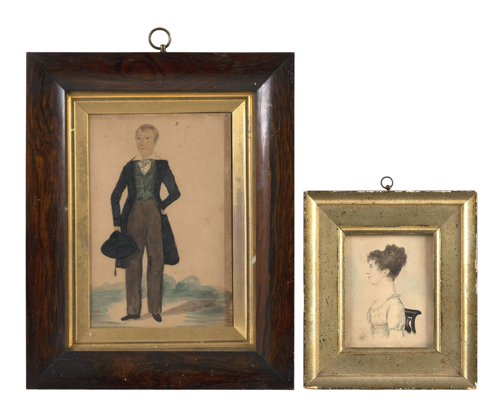 TWO WATERCOLOR PORTRAITS 19th Century Framed 8” x 7” and 13.25” x 10.5”. (1 of 2)