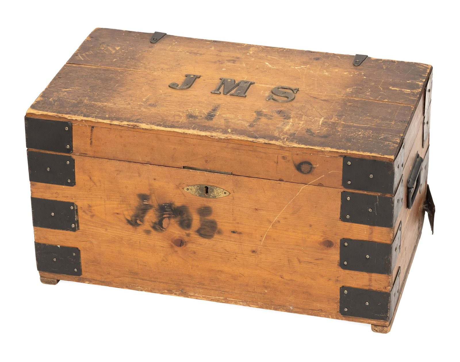 METAL-BOUND PINE TRUNK First Half of the 20th Century Height 11.75". Width 22.25”. Depth (1 of 1)