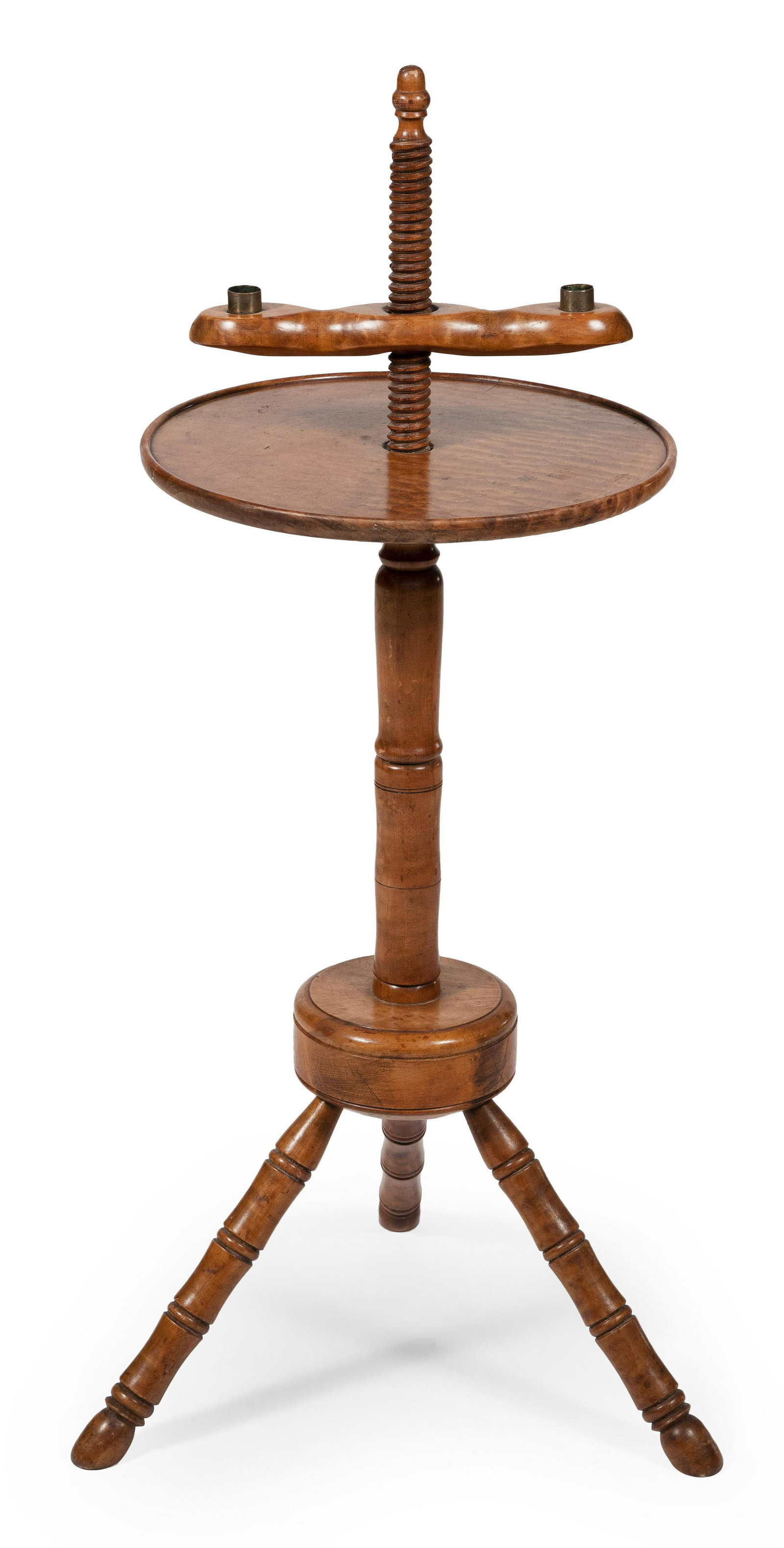 TIGER MAPLE SCREW-TOP CANDLESTAND 20th Century Height 36”. Top diameter 14”.: TIGER MAPLE SCREW-TOP CANDLESTAND 20th Century Boldly grained dish top. Tripod base. Height 36”. Top diameter 14”.