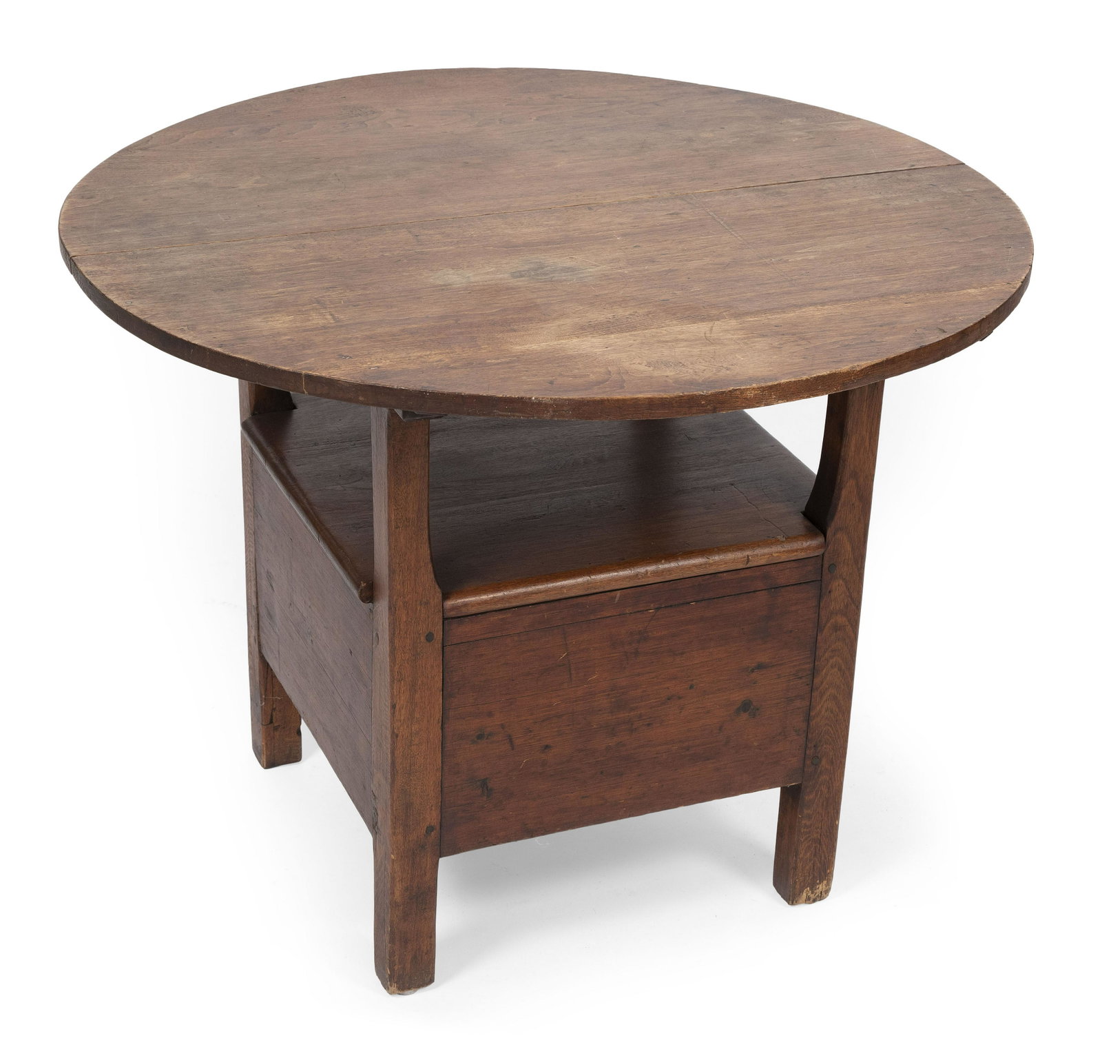 HARDWOOD HUTCH TABLE America, Early 19th Century Height 28.5”. Top diameter 35.25”.: HARDWOOD HUTCH TABLE America, Early 19th CenturyProbably maple or walnut. Height 28.5”. Top diameter 35.25”.